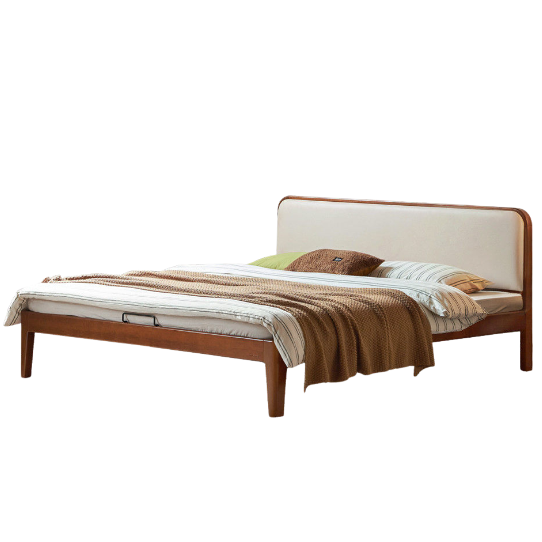 Poplar Solid Wood Bed — Vintage Style with Soft Backrest, Genuine Leather and Edge Finish