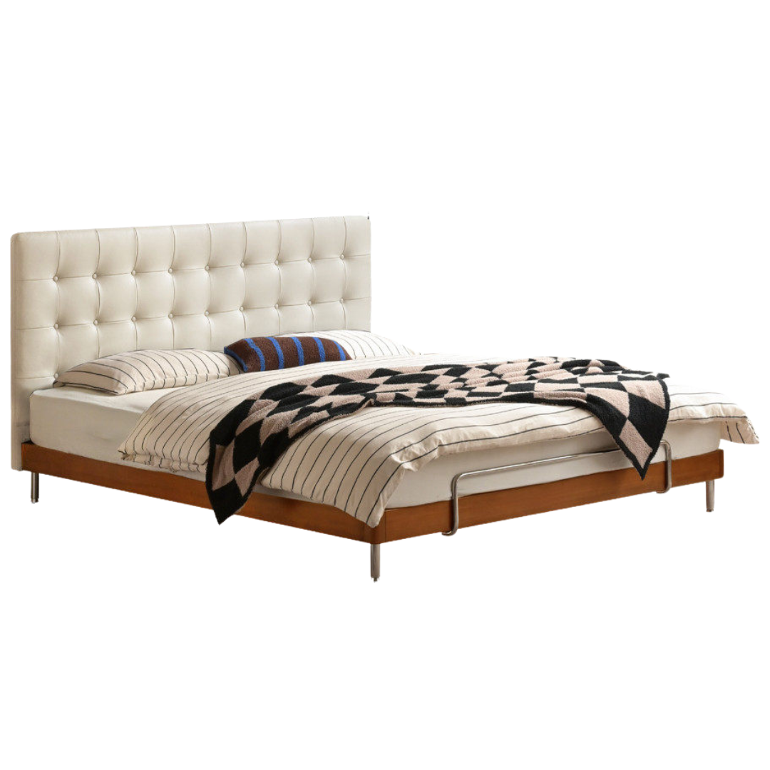 Tulipwood Solid Wood Bed — Bauhaus Style with Soft Genuine Leather Headboard