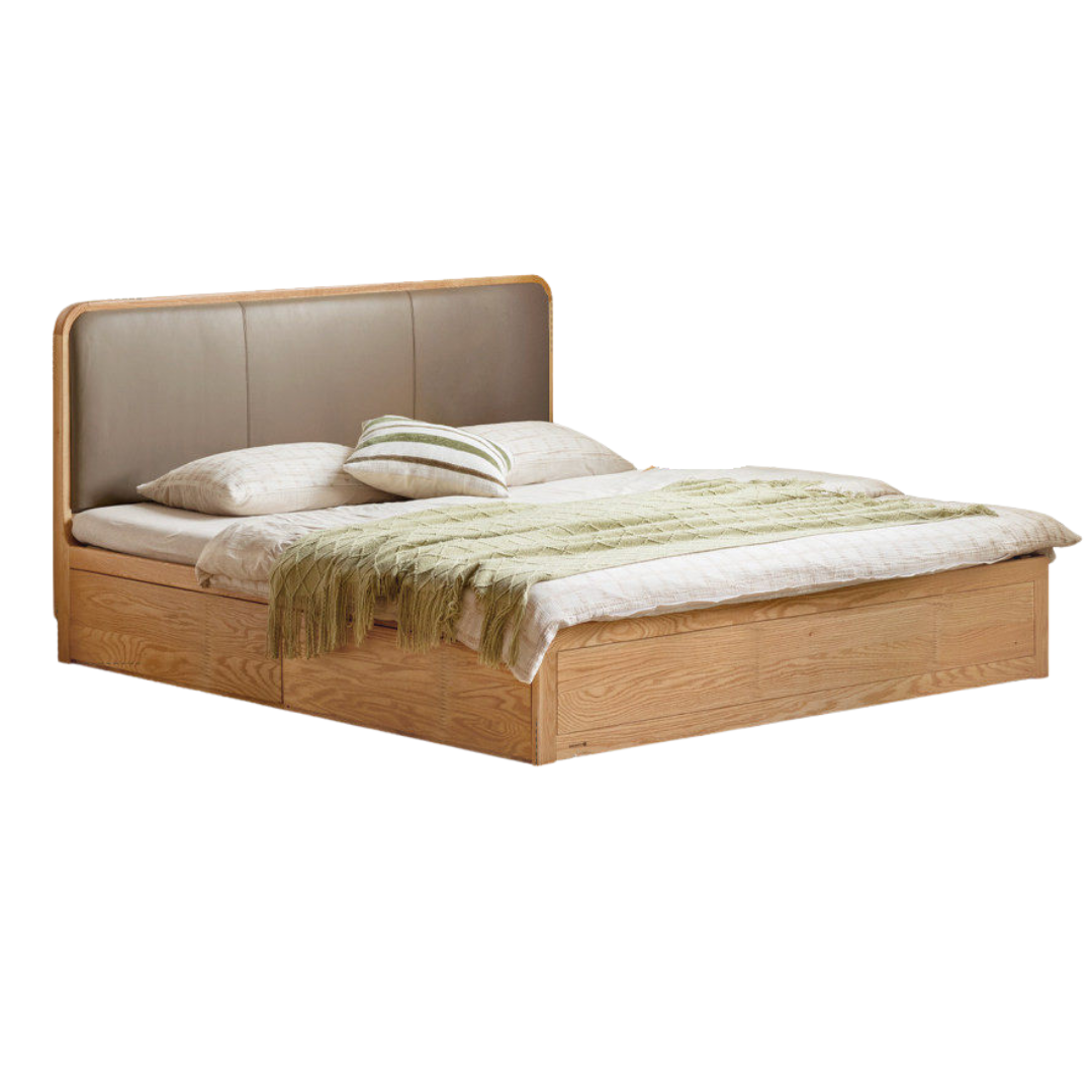 Oak, Rubberwood Solid Wood Genuine Leather,  Eco-leather Box Bed