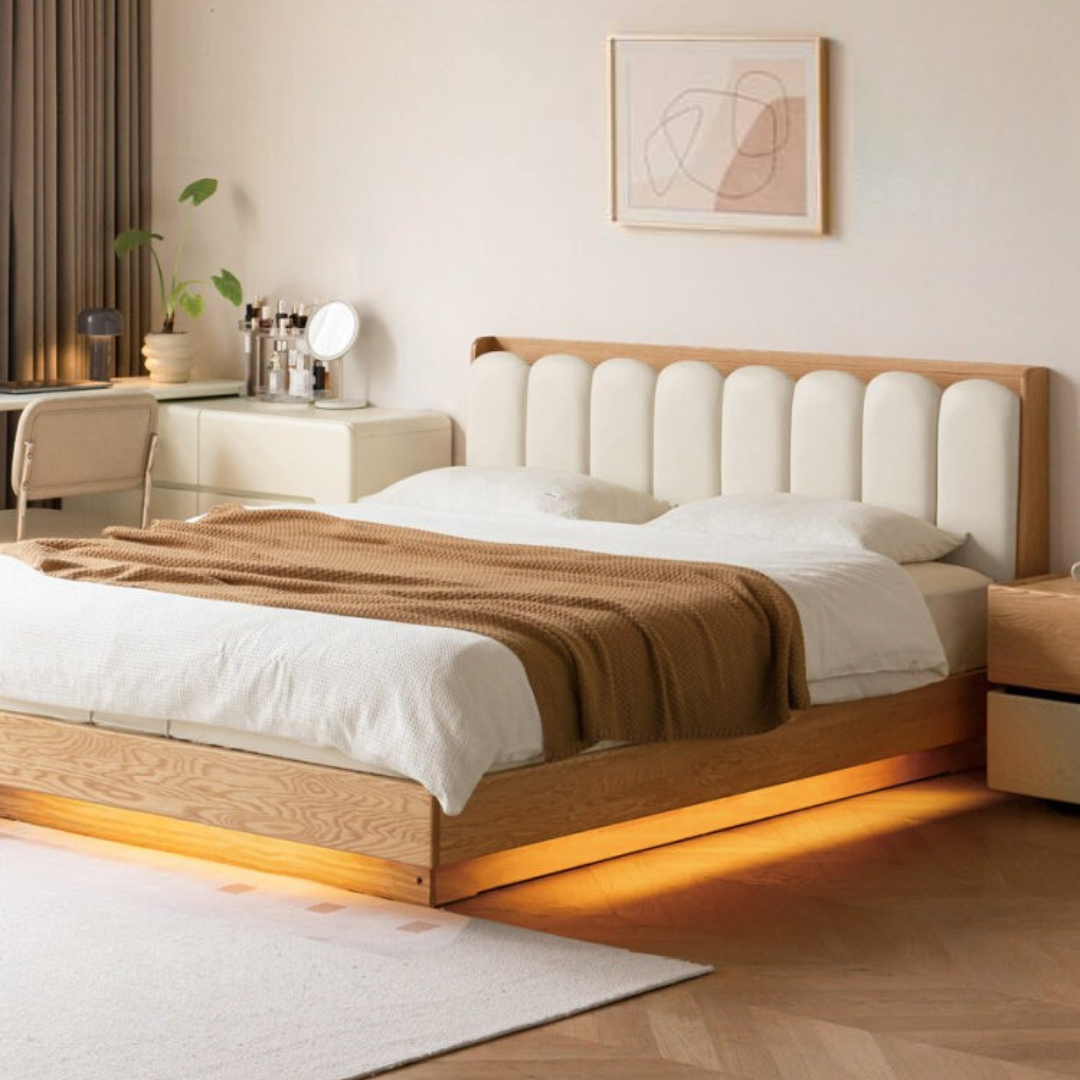 Oak Solid Wood Box Bed — Suspension and Upholstered with Genuine Leather  Piano Key Design