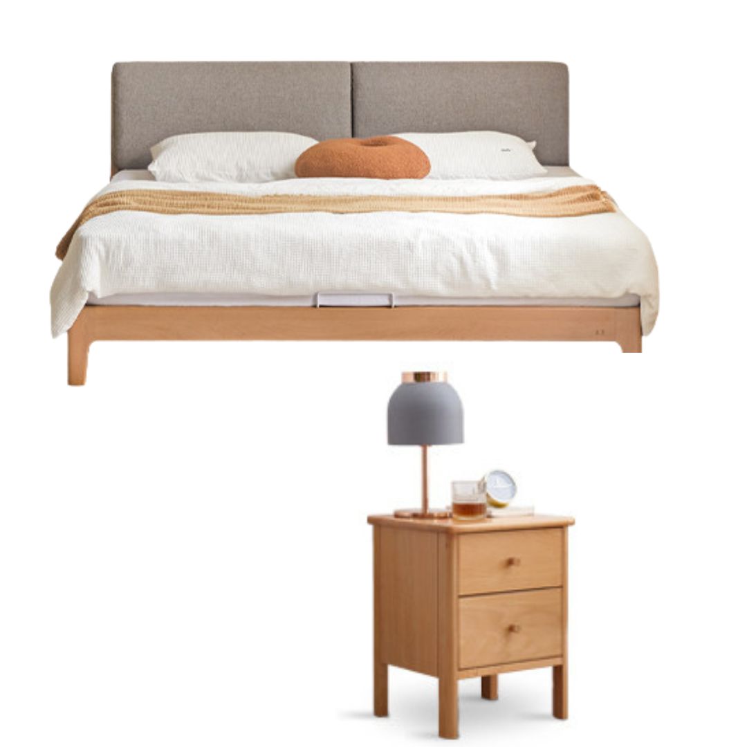 Beech Solid Wood Upholstered King Bed — Soft Headboard with Fabric Upholstery
