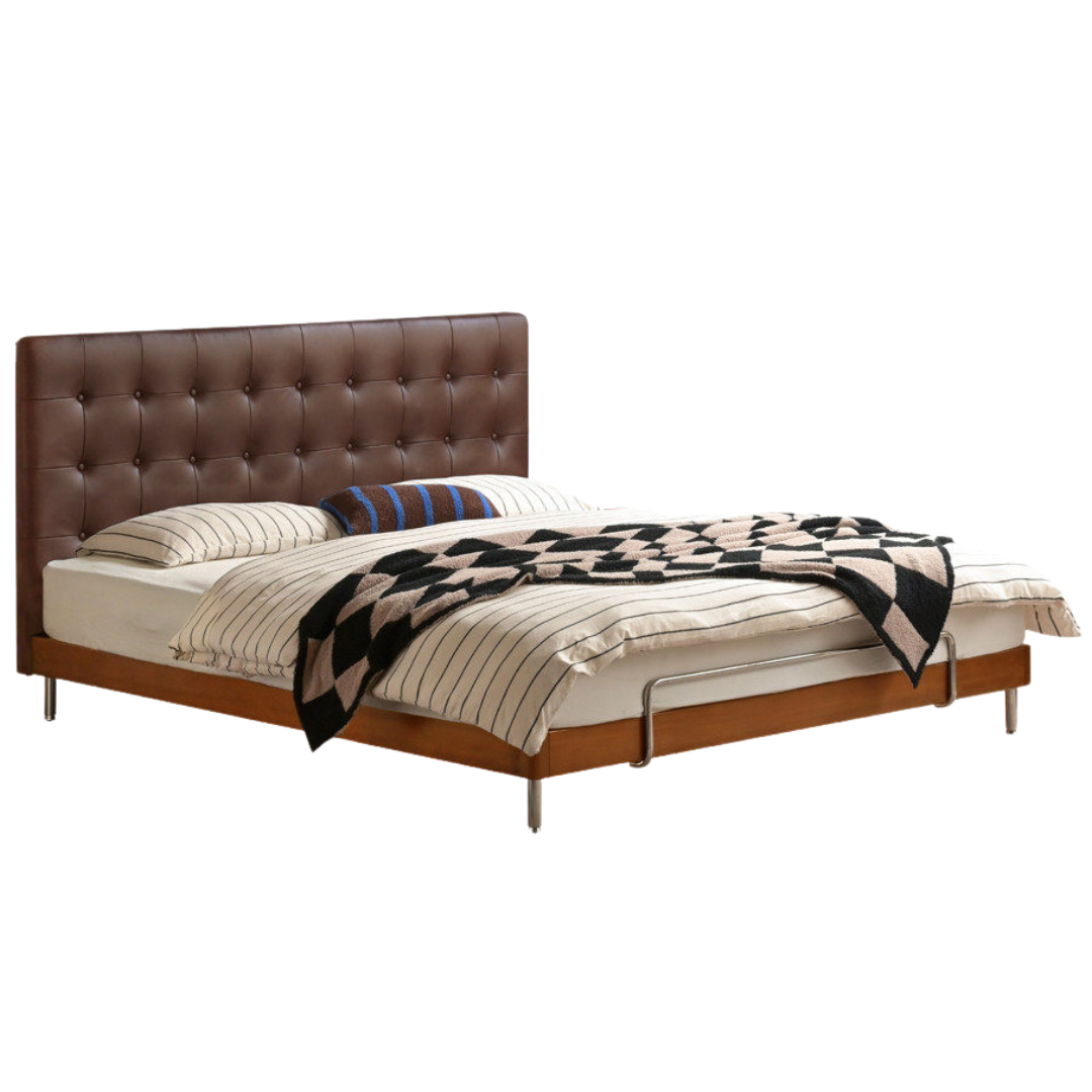 Tulipwood Solid Wood Bed — Bauhaus Style with Soft Genuine Leather Headboard