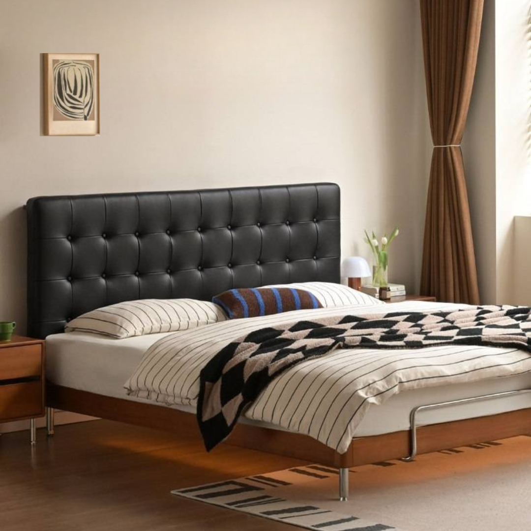 Tulipwood Solid Wood Bed — Bauhaus Style with Soft Genuine Leather Headboard