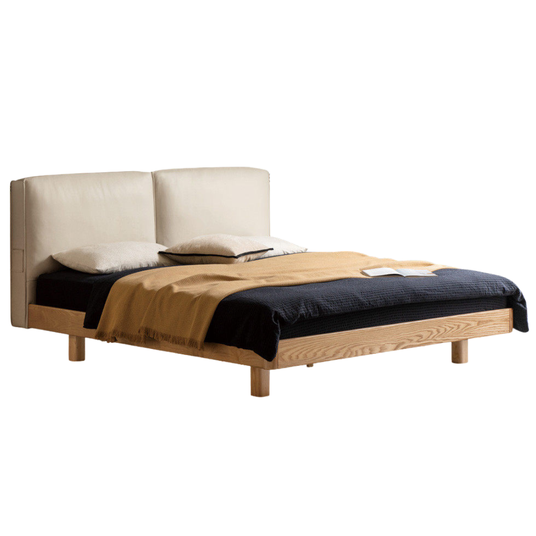 Ash Solid Wood Floating Bed — Modern Minimalist, Genuine Leather Upholstery