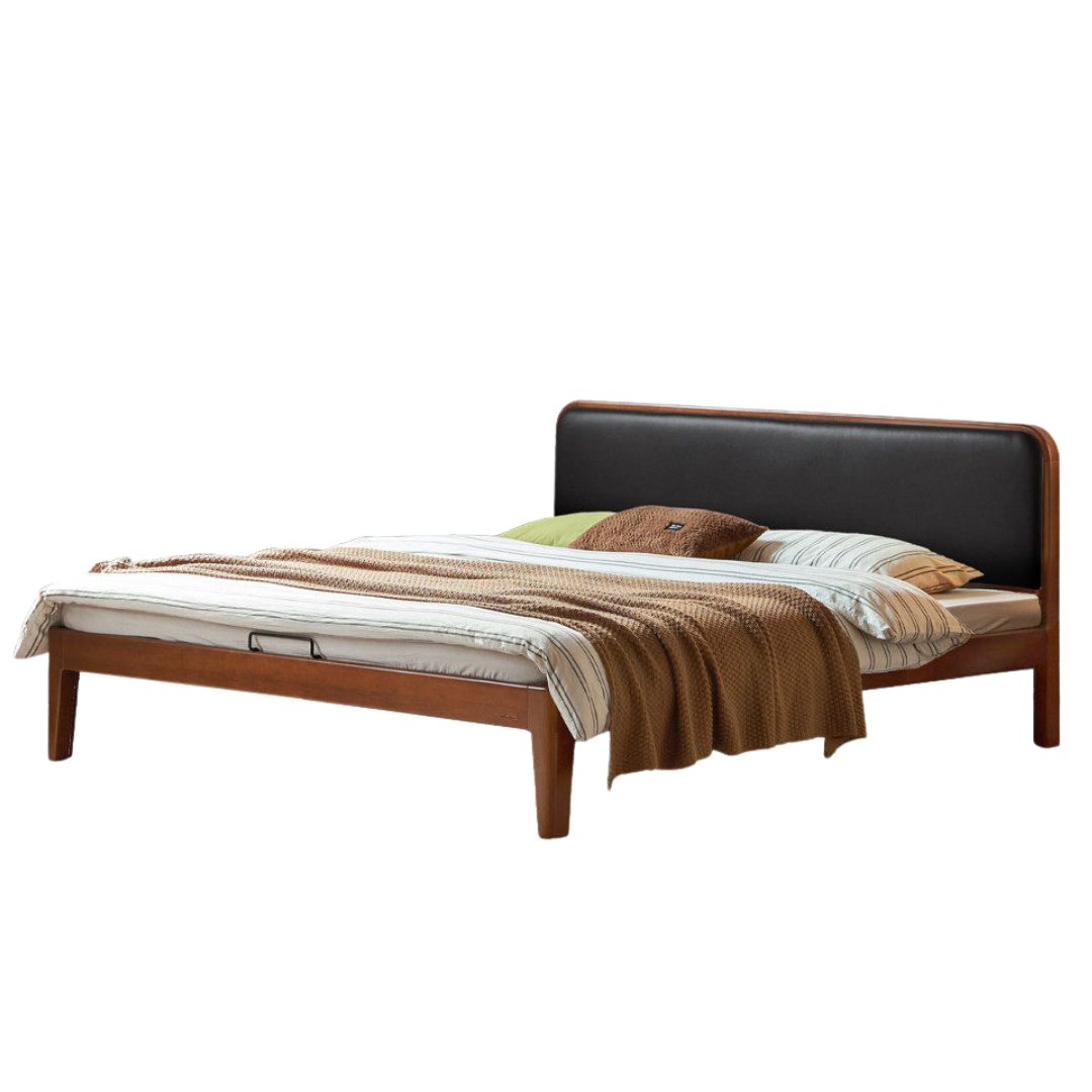 Poplar Solid Wood Bed — Vintage Style with Soft Backrest, Genuine Leather and Edge Finish