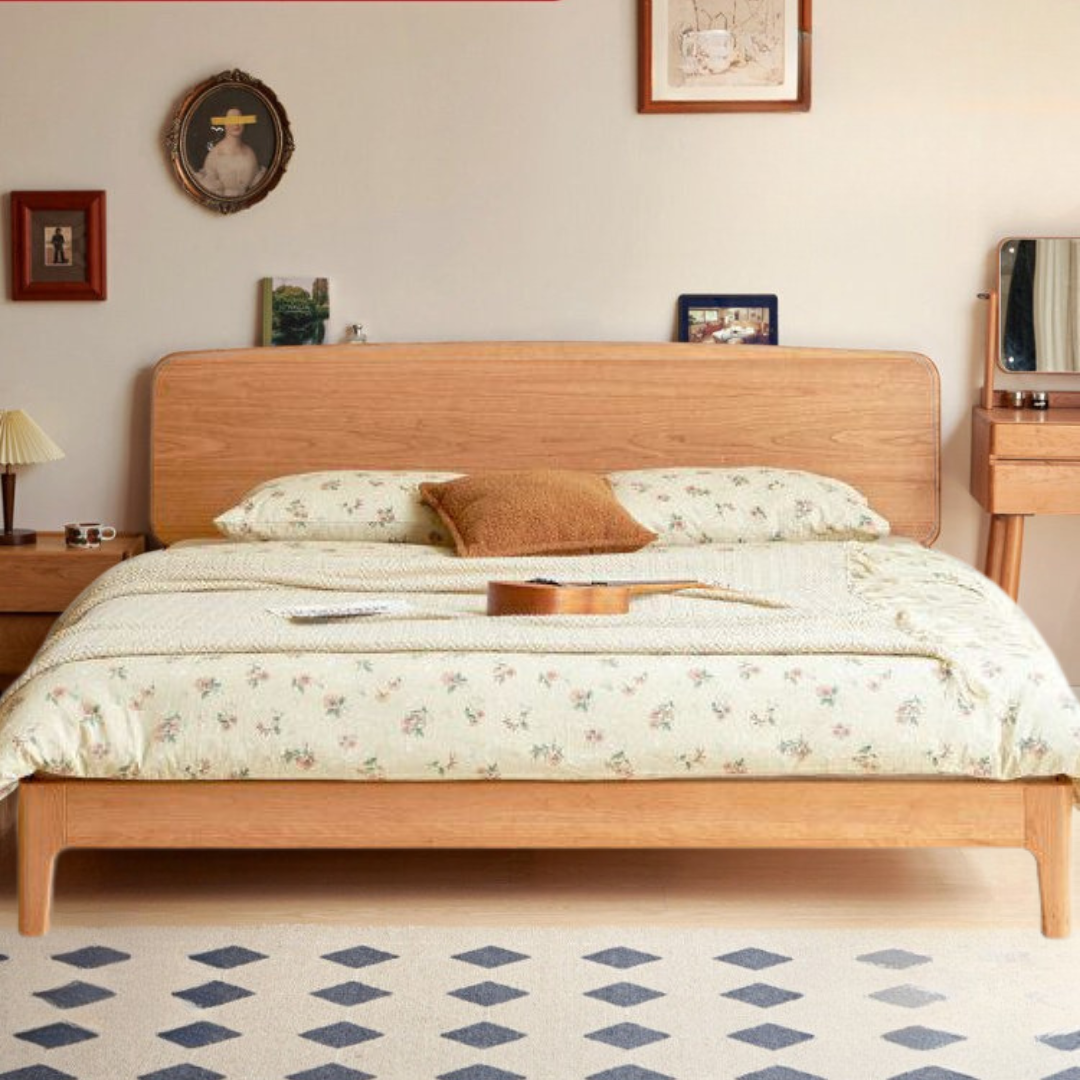 Cherry Solid Wood Bed — Retro Simple Luminous Bed with Charging and Storage