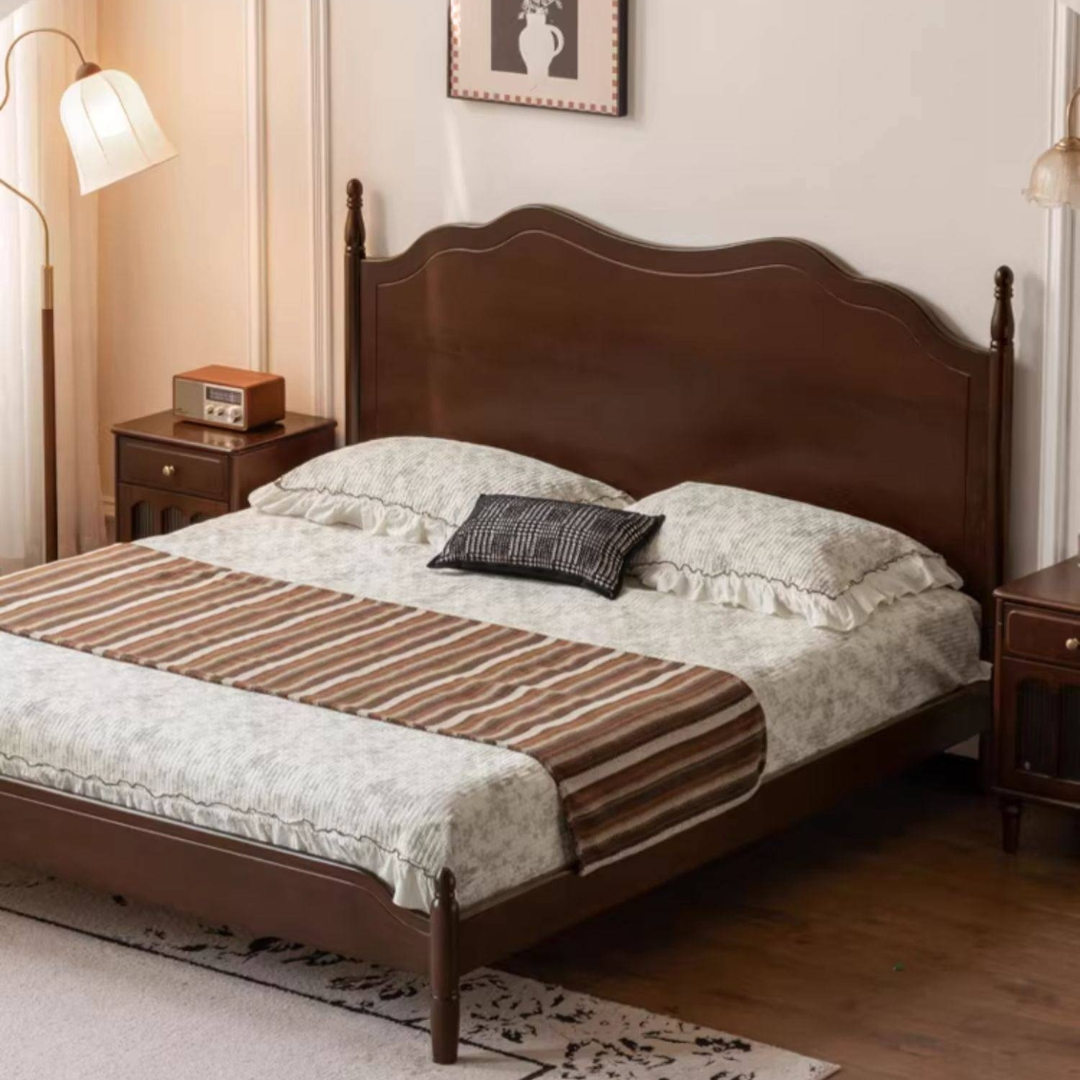 Poplar Solid Wood Bed — French Retro Style with Mid-Fashion Design