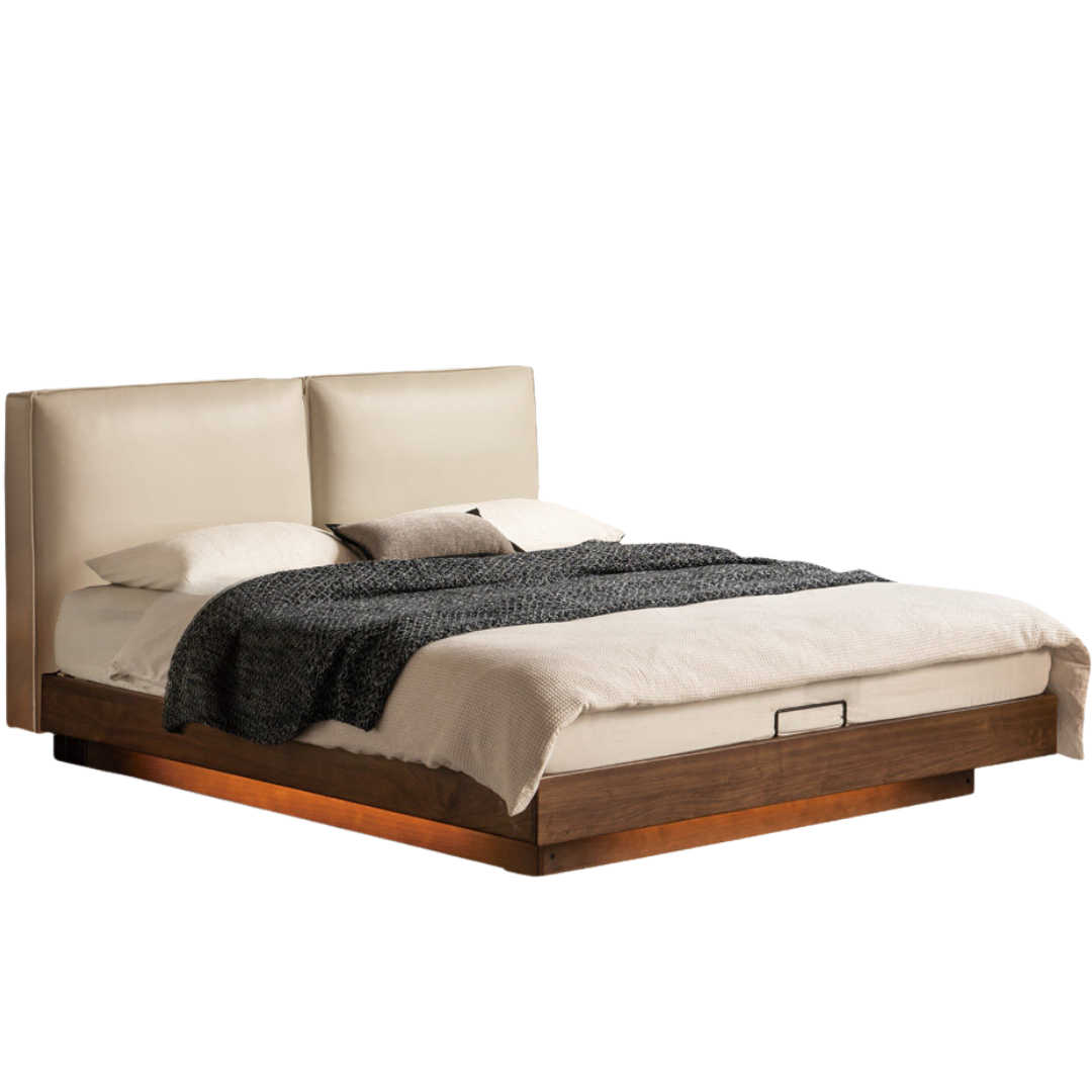 Black Walnut Solid Wood Box Bed — Italian Light Luxury, Genuine Leather Upholstered Headboard