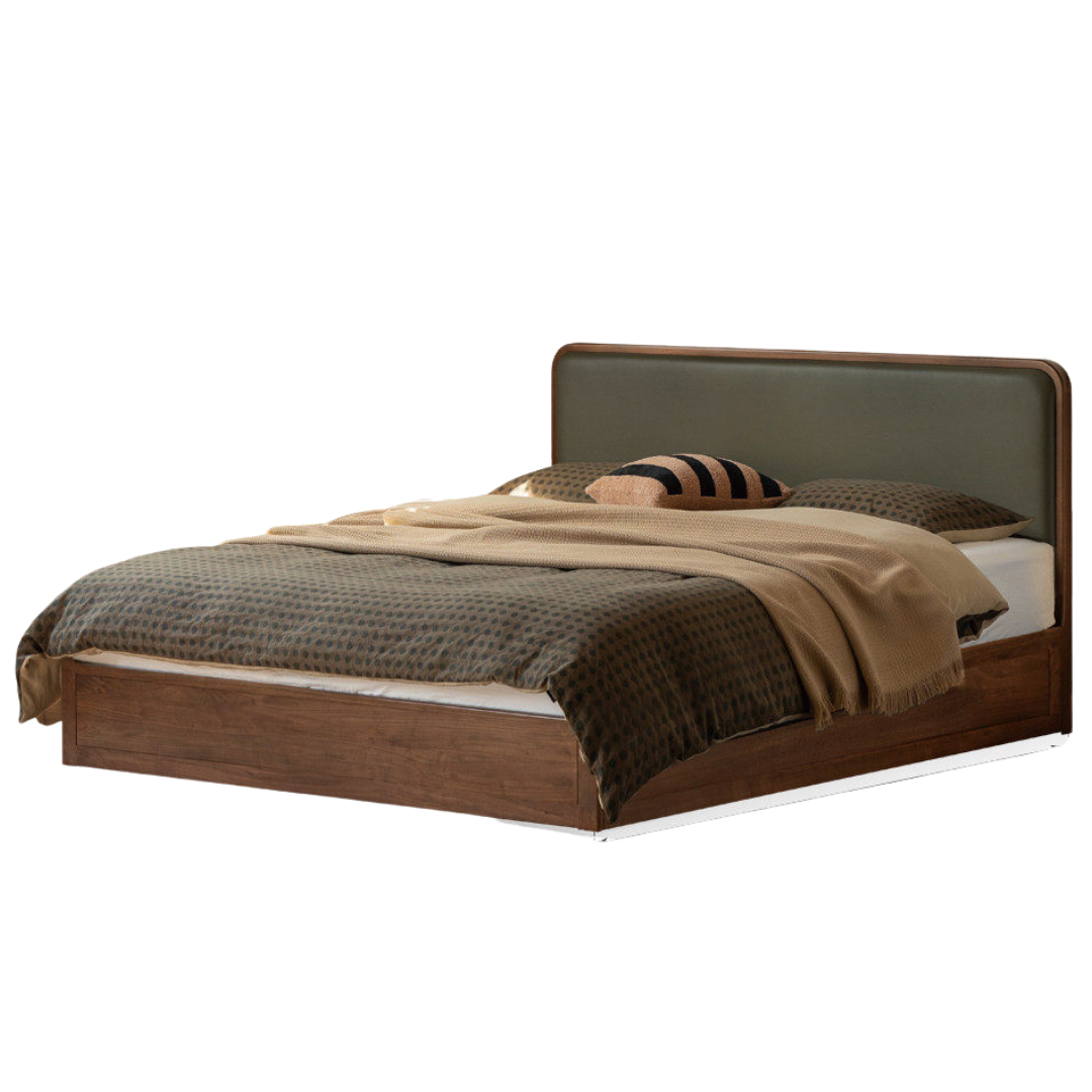 Black Walnut Solid Wood Box Bed — Soft Headboard, Italian Light Luxury Genuine Leather Bed