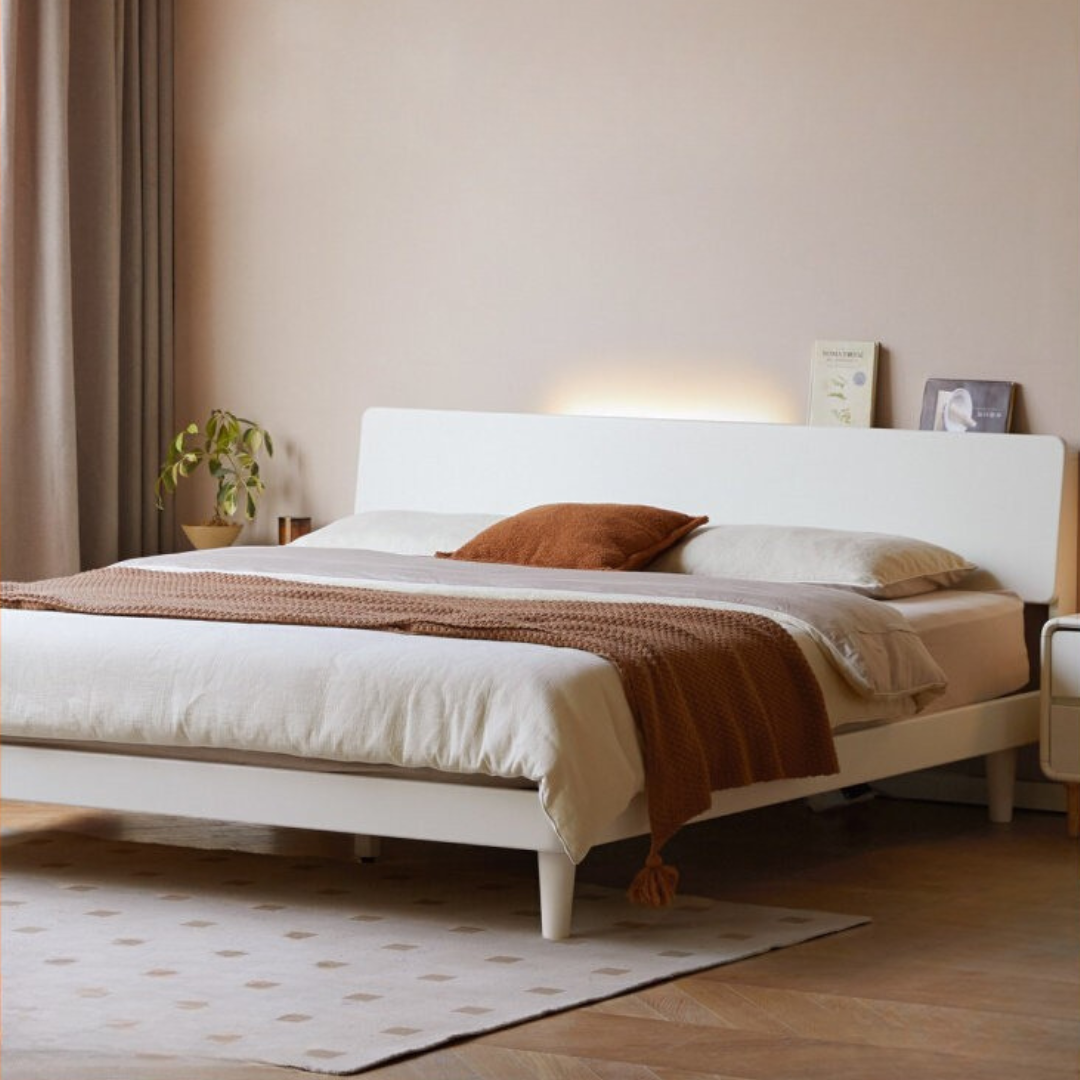 Pine Solid Wood Bed — Modern Minimalist Style with Creamy Design and Night Light