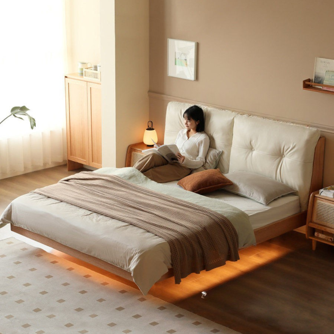 Oak Solid Wood Bed — Modern Minimalist, Genuine Leather Upholstered, Floating Design with Light