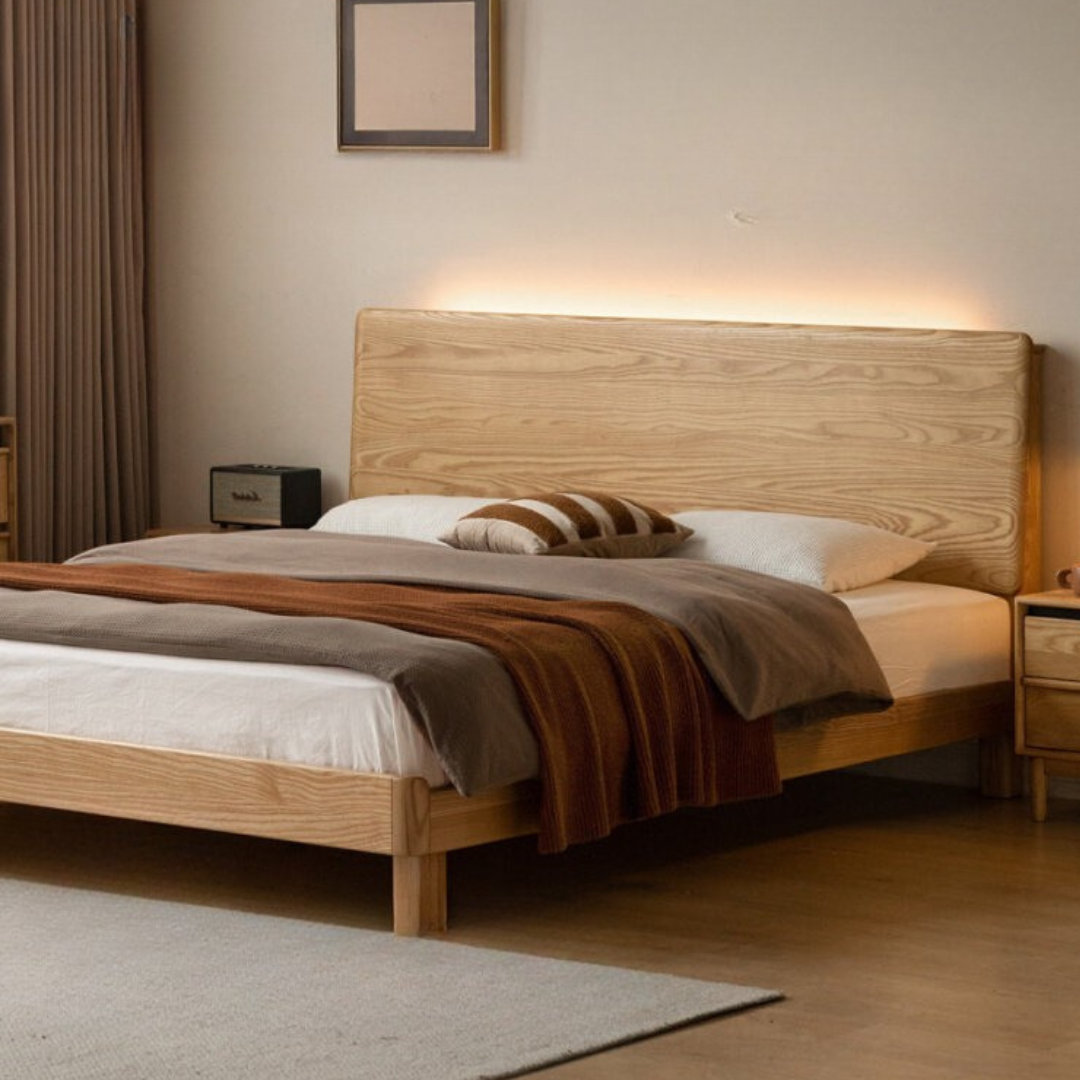 Ash Solid Wood Bed — Modern Minimalist Luminous Slab Bed