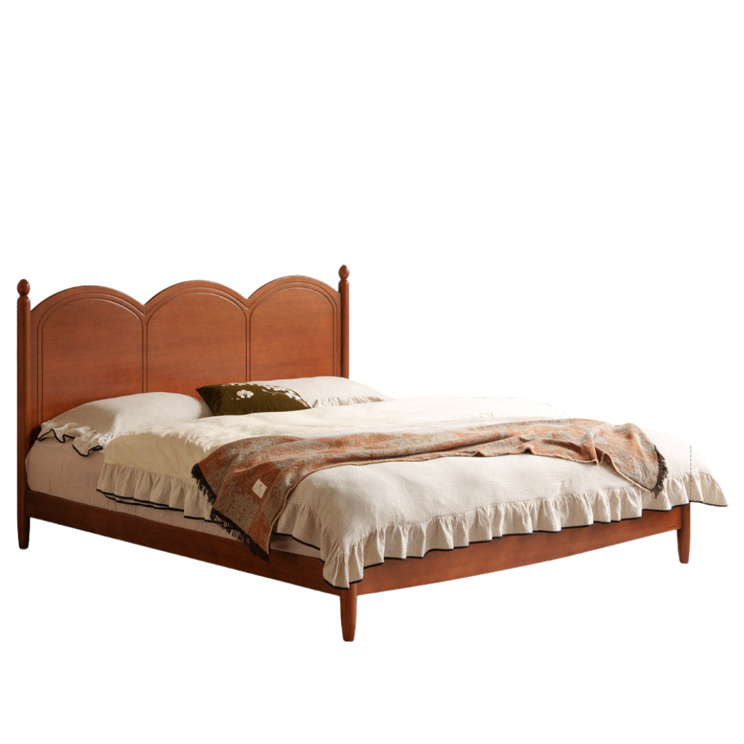 Poplar Solid Wood Bed — French Retro Bauhaus Style