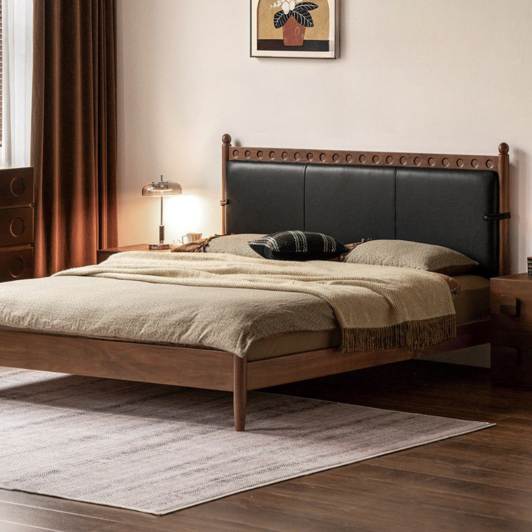 Black Walnut Solid Wood Bed — French Retro Style with Soft Backrest and Genuine Leather Upholstery