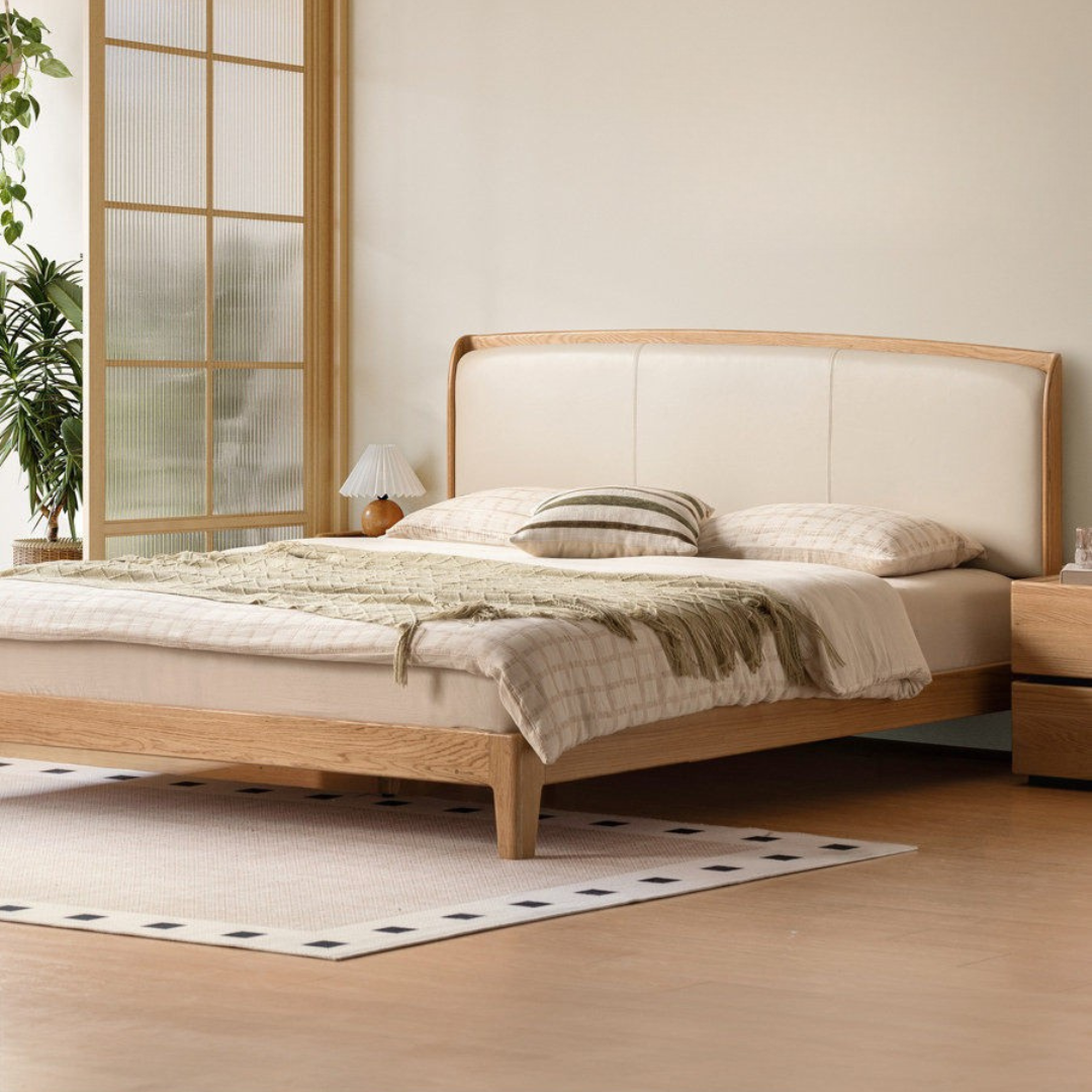 Oak Solid Wood Bed — Modern Minimalist, Genuine Leather Upholstered Bed