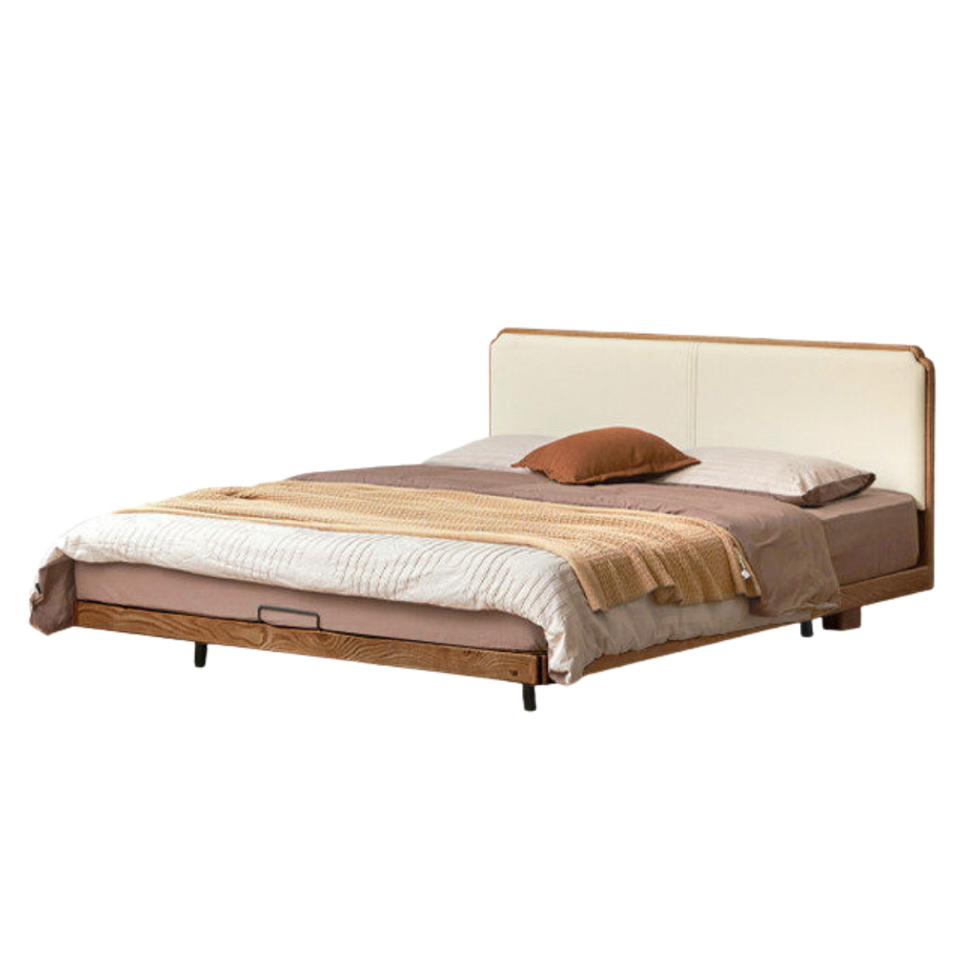Oak Solid Wood Upholstered Bed — Modern Minimalist Design with Flush Edges