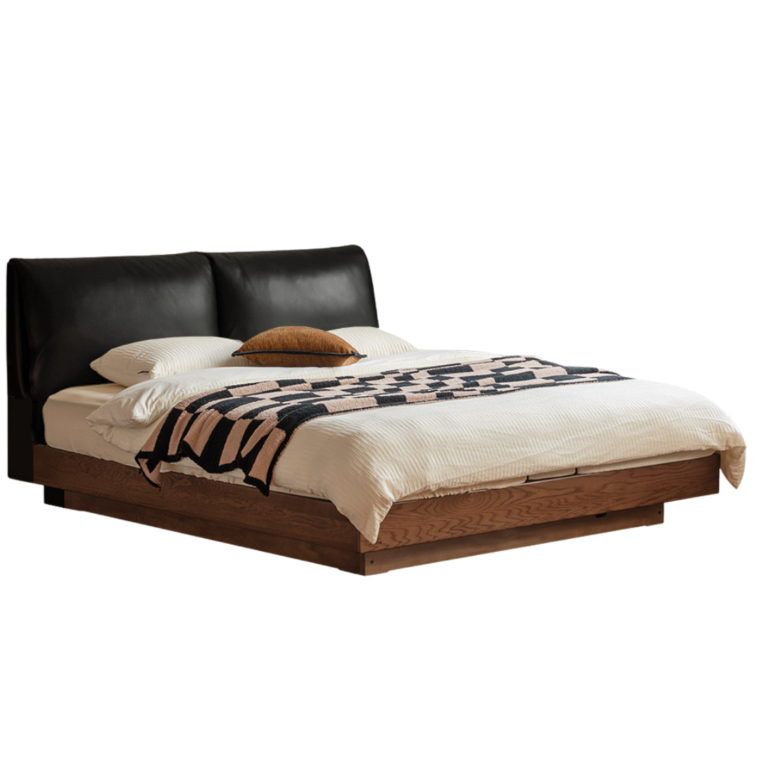 Oak Solid Wood Box Bed — Italian Light Luxury with Soft Genuine leather Backrest