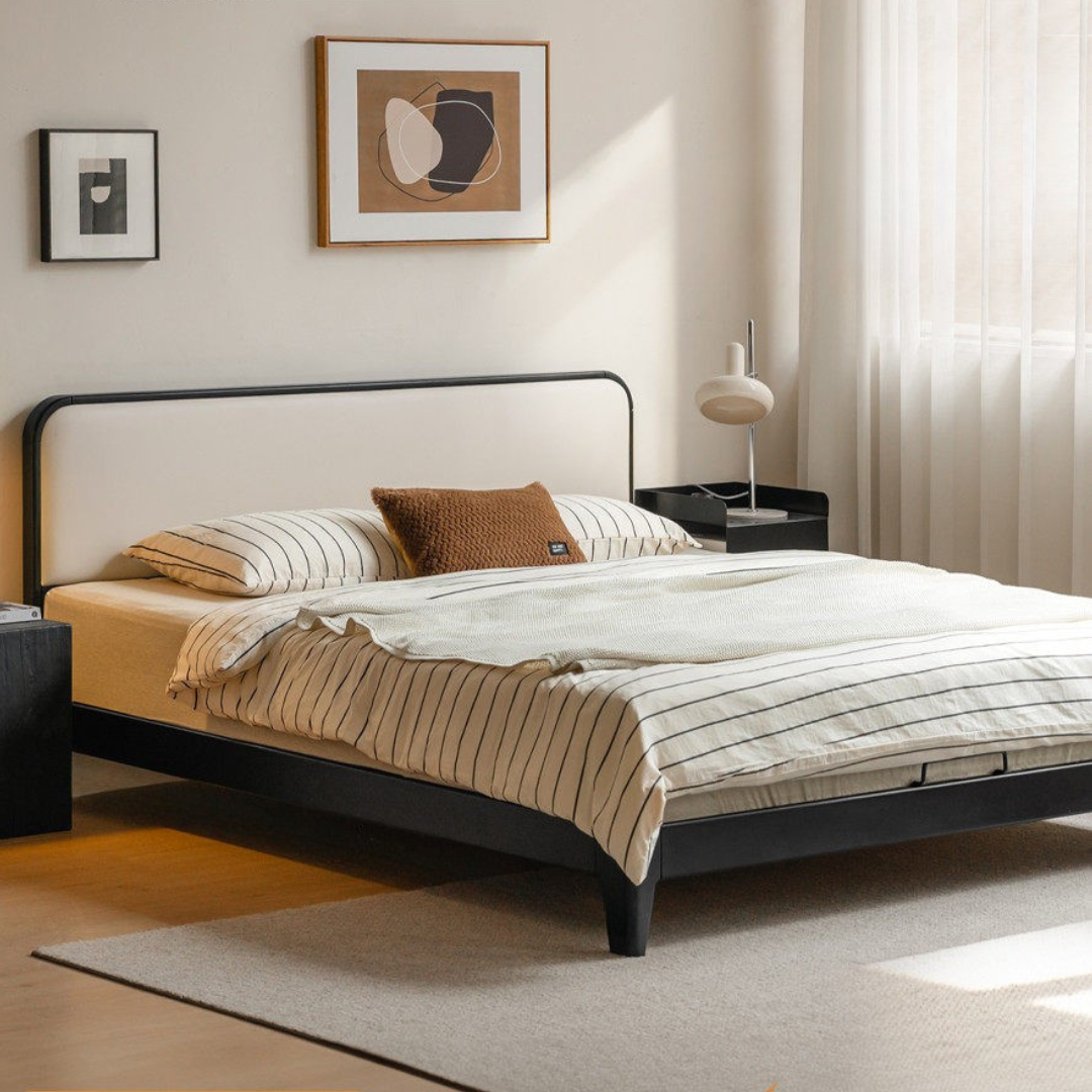 Rubberwood Solid Wood Bed — Modern Minimalist Design with Black Soft Headboard