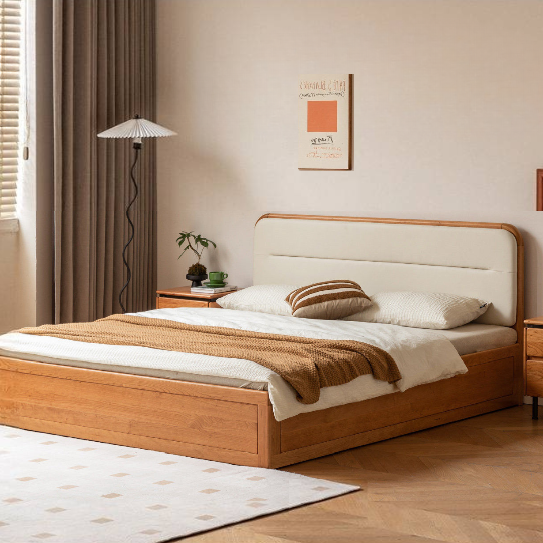 Cherry Solid Wood Box Bed — Vintage Style with Soft Backrest