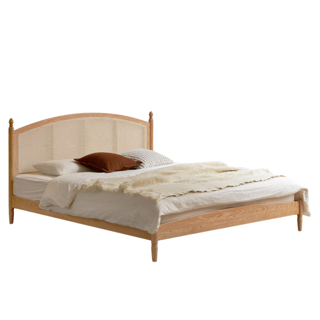 Oak Solid Wood Bed — Light Retro Style with Rattan Design