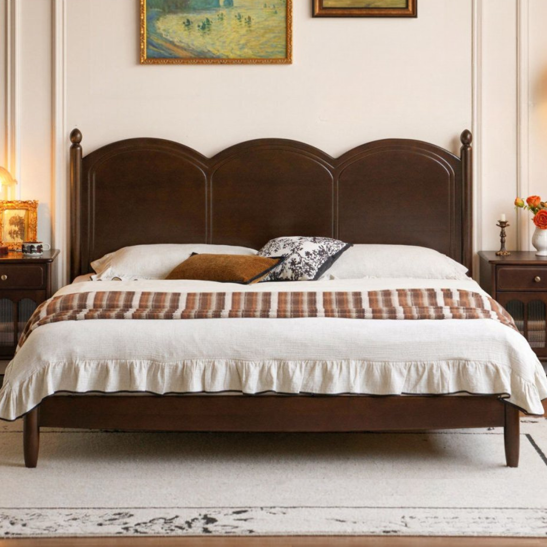 Poplar Solid Wood Bed — French Retro Style with Vintage Appeal