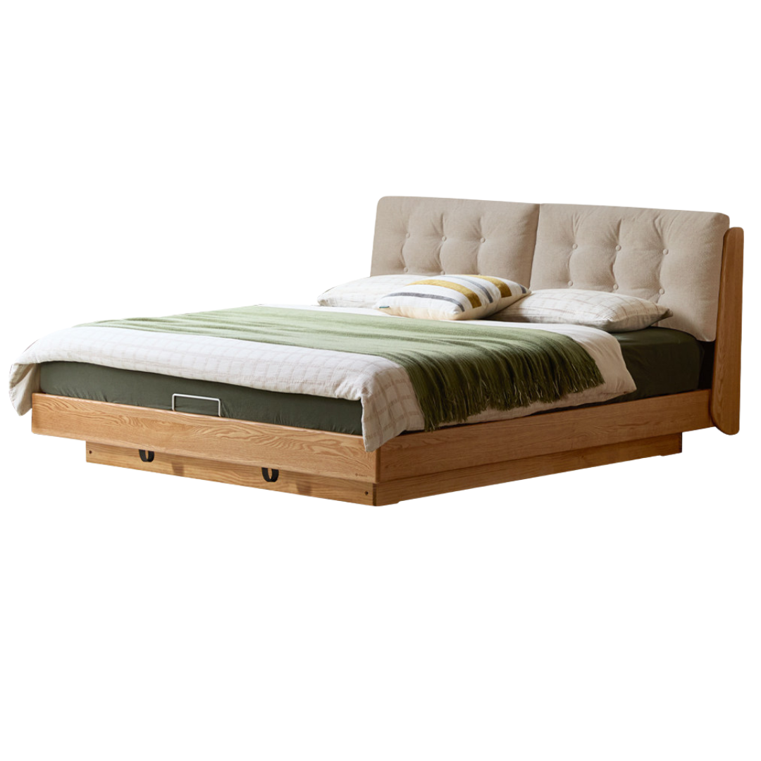 Oak Solid Wood with Upholstered Headboard Luminous Box Bed Cream Style