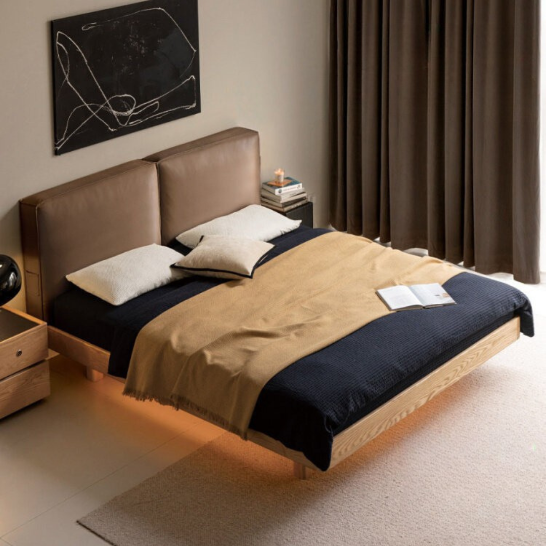 Ash Solid Wood Floating Bed — Modern Minimalist, Genuine Leather Upholstery