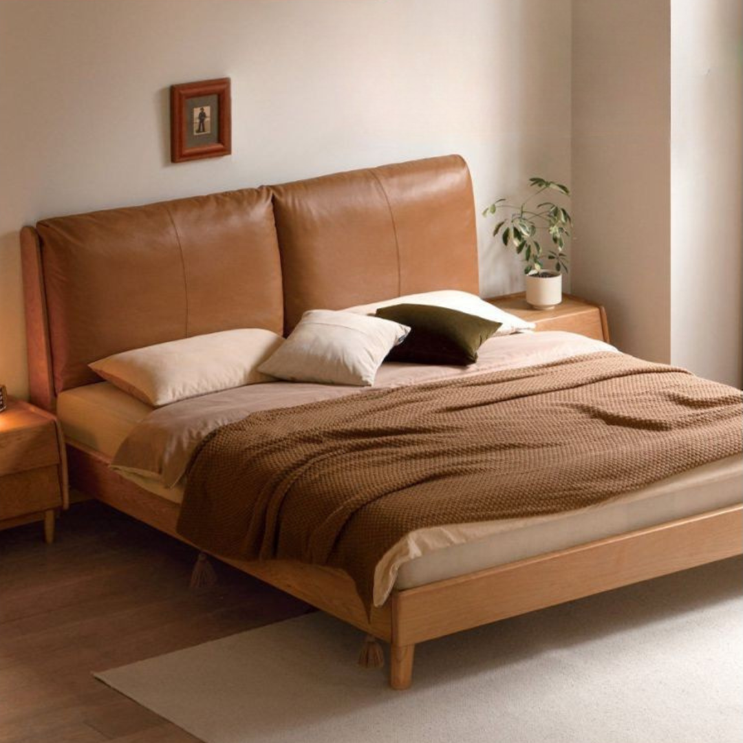 Cherry Solid Wood Bed — Retro Style with Genuine Leather Upholstery