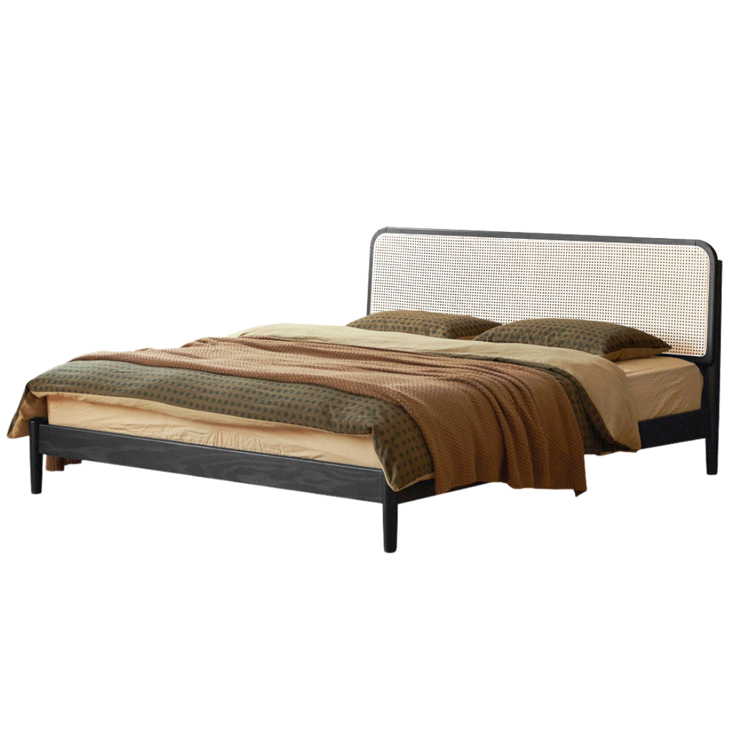 Oak Solid Wood Bed — Black Slab Rattan Vintage Style Bed