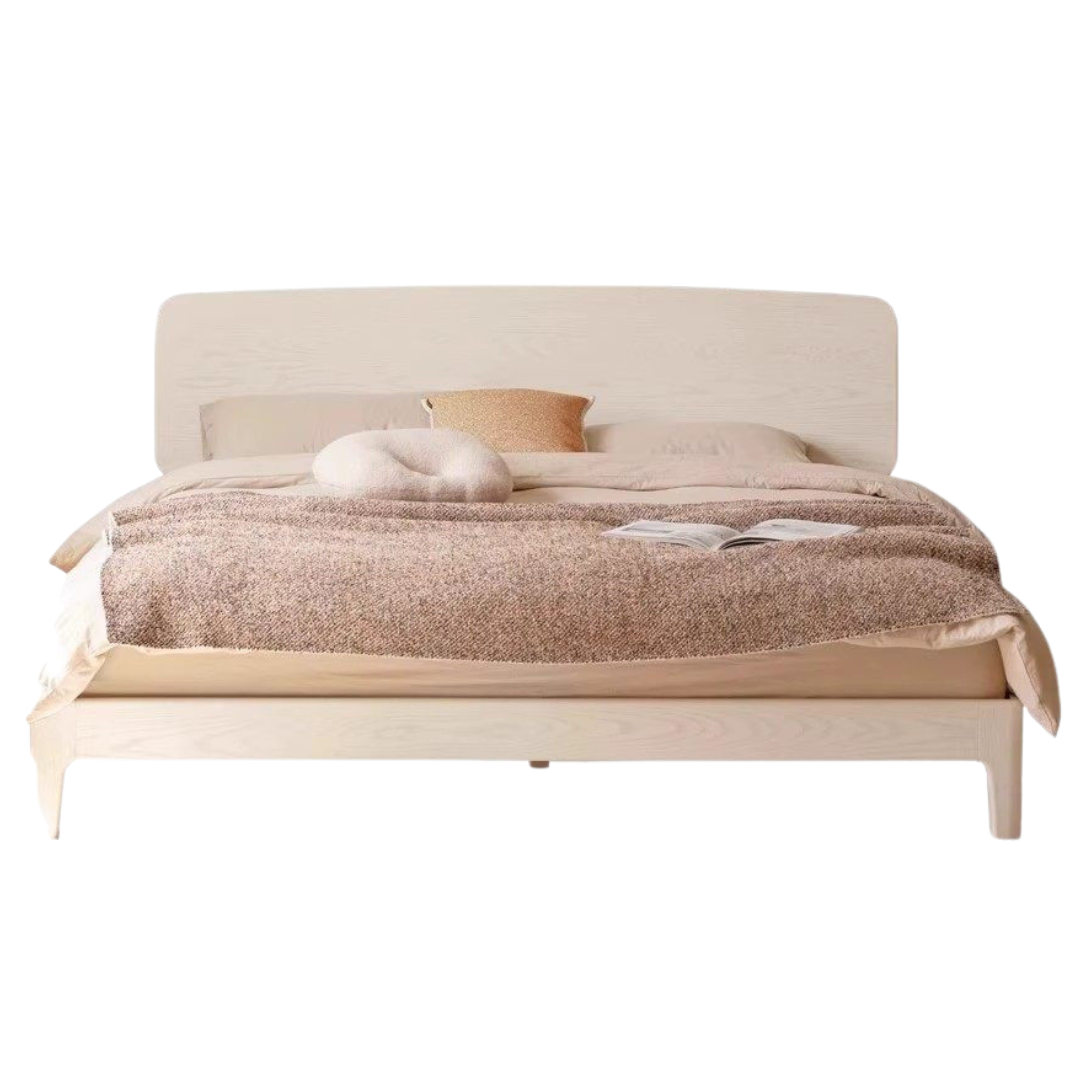 Oak Solid Wood Bed — Cream Style with Slanted Backrest
