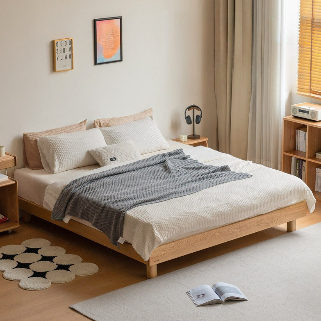Oak Solid Wood Platform Bed, Headboard-Free Bed