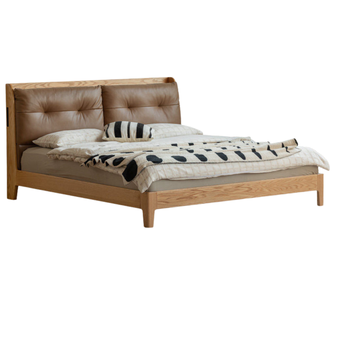 Oak Solid Wood Modern Leather Bed