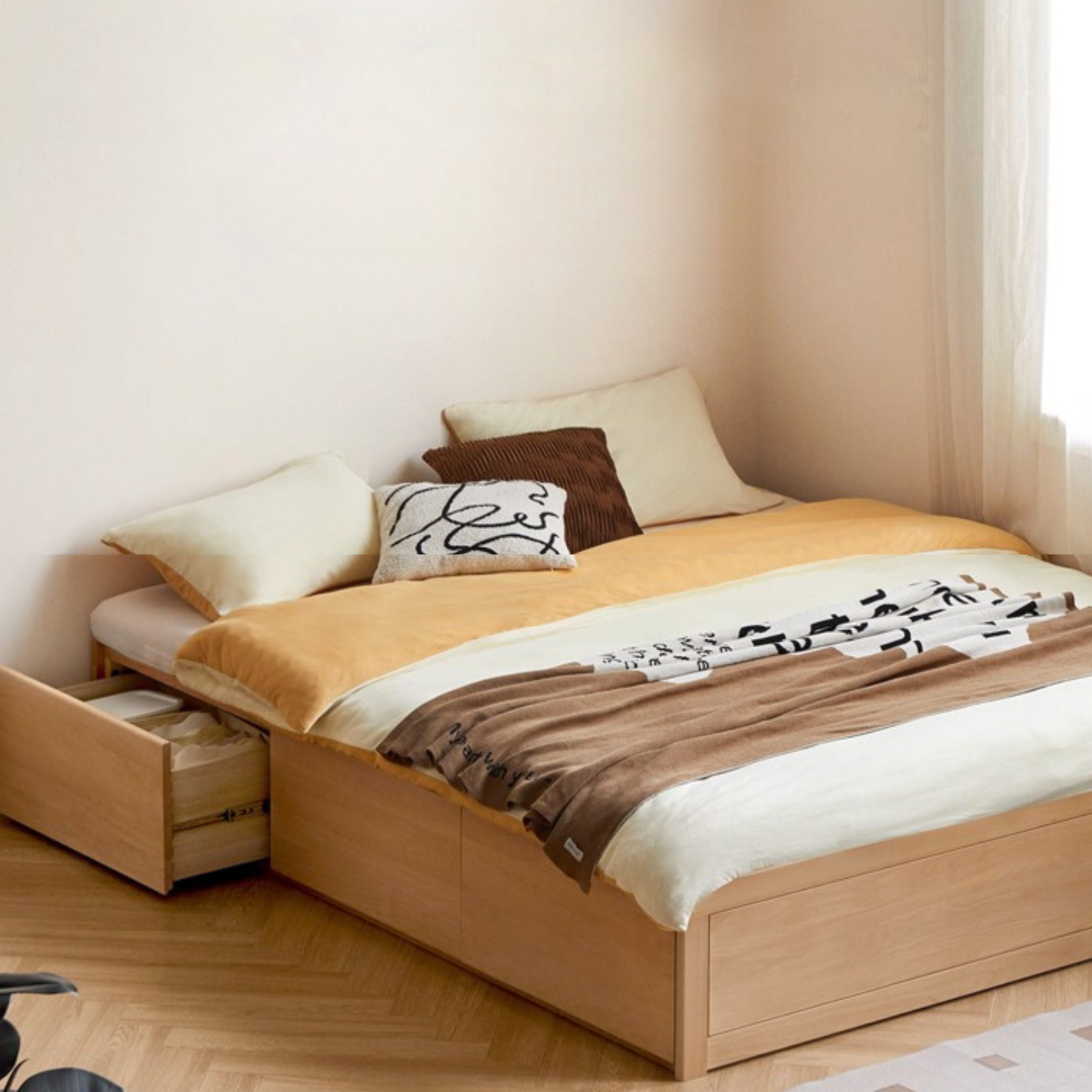 European Beech Solid Wood Platform Bed, Headboard-Free Bed with Drawer Box Bed