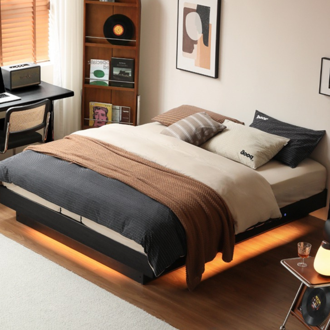 Oak Solid Wood Suspended Box Platform Bed, Headboard-Free Bed