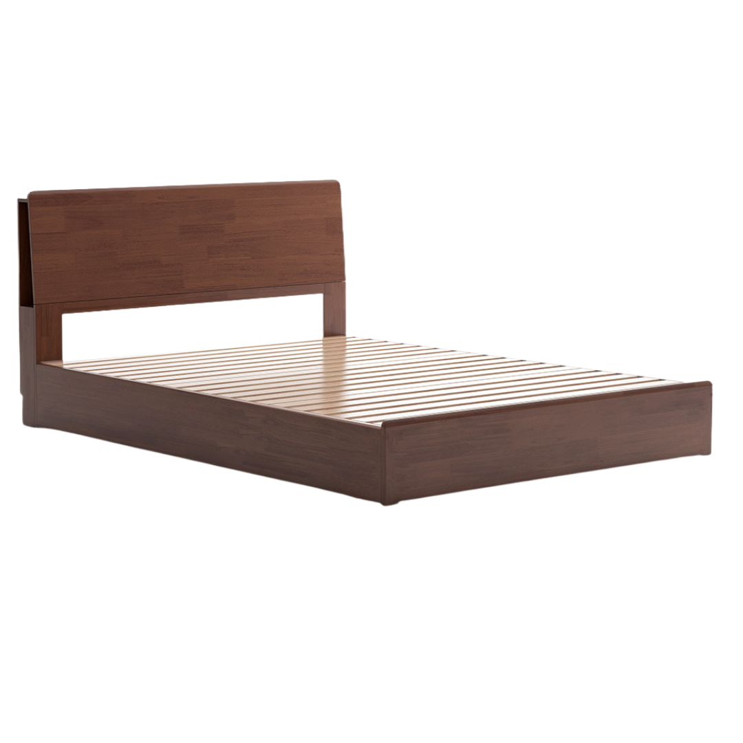 Oak, Rubberwood Solid Wood Box Bed with Light and Bookshelf