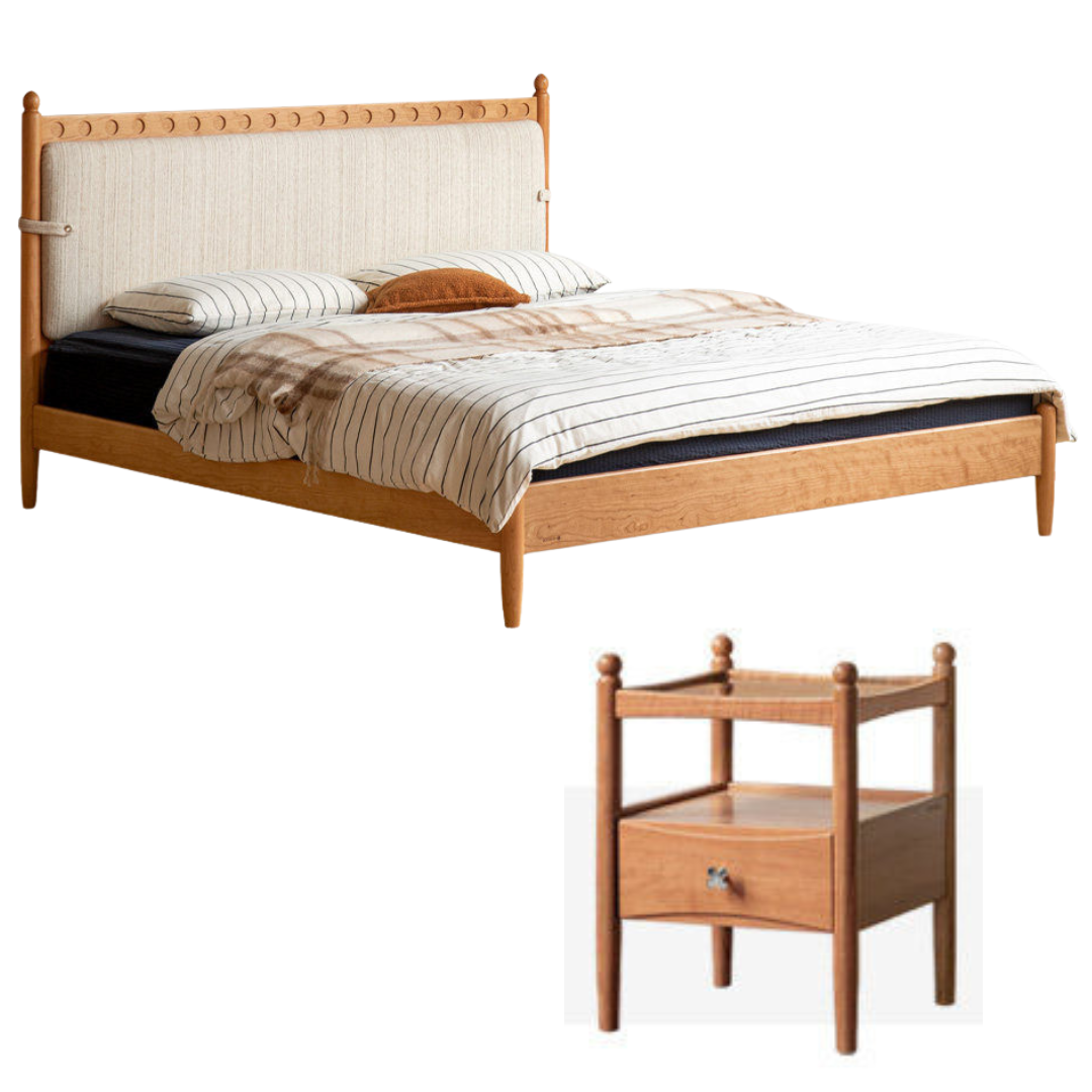 Cherry Solid Wood Double Bed with Vintage Style and Leather Upholstered Headboard