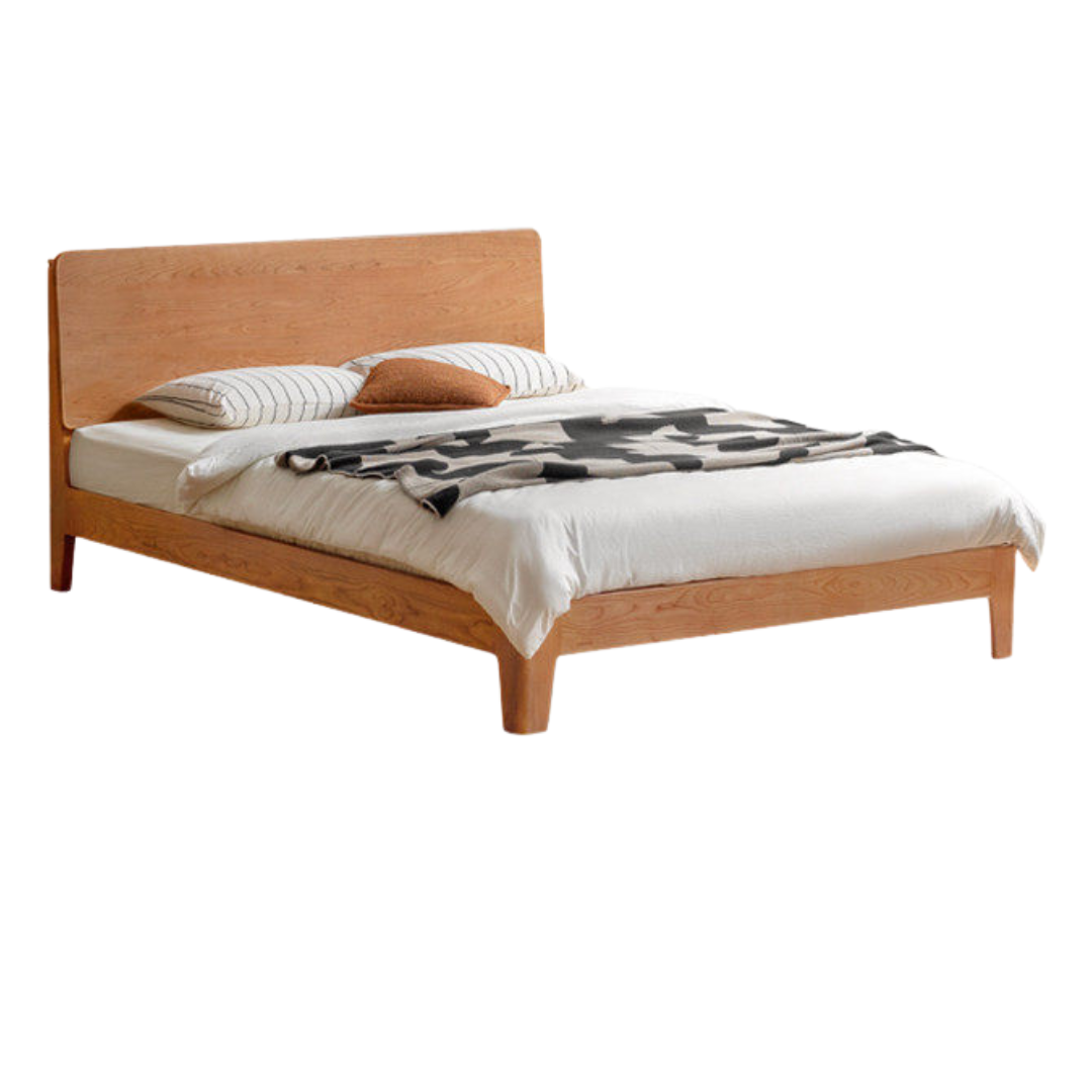 Cherry Solid Wood Platform Bed with Slightly Reclined Panel Headboard and Tapered Legs