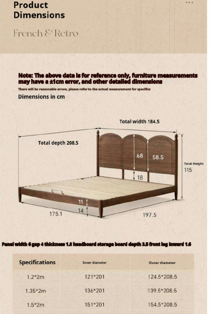 Black Walnut Solid Wood Bed with Arched French Country Headboard and Spindle Legs