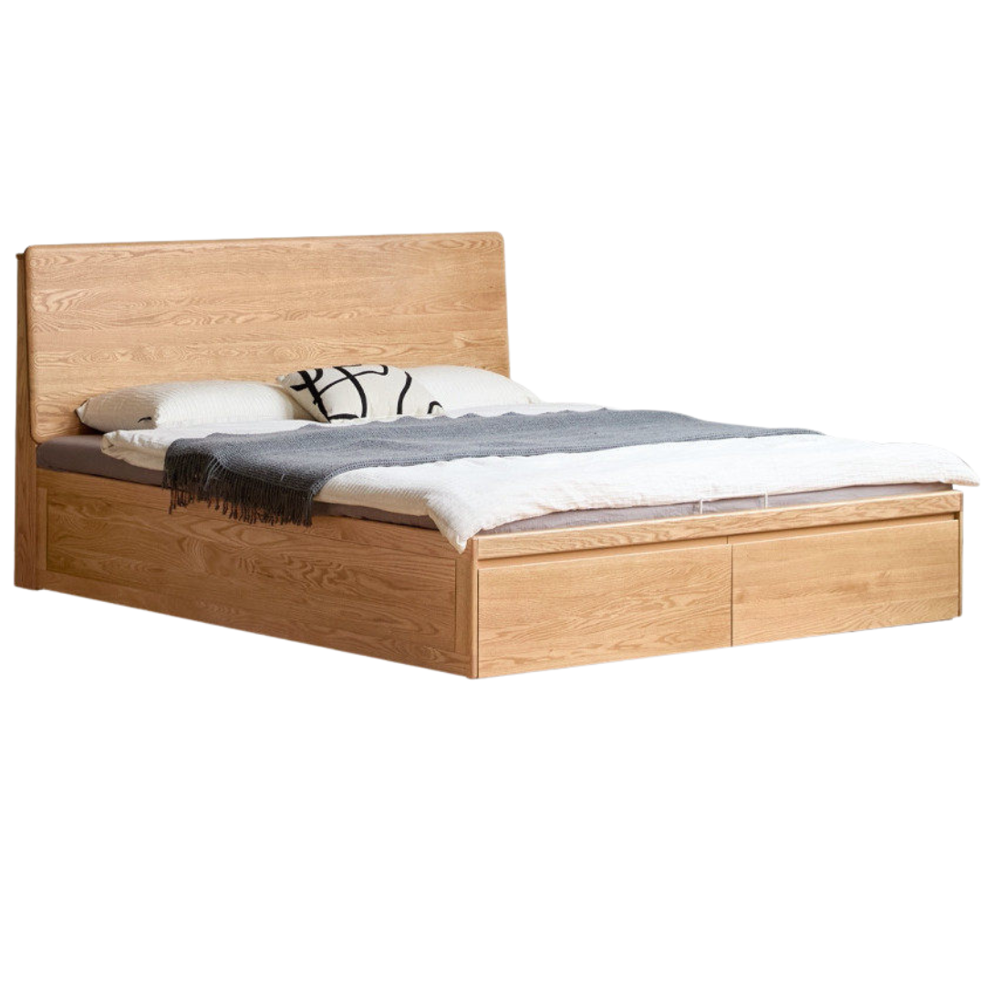 Oak Solid Wood Storage Bed with Hydraulic Lift-Up Frame and drawers