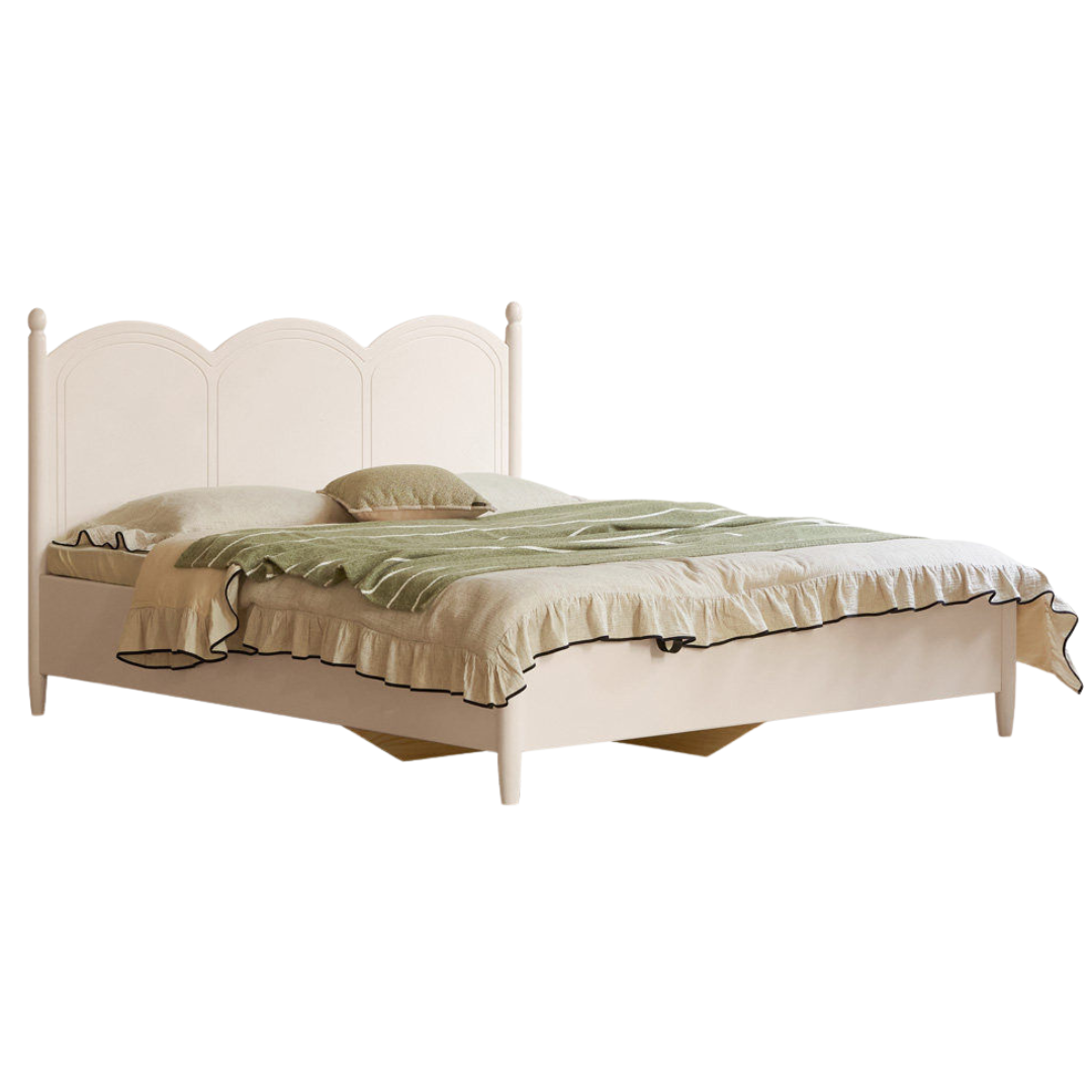 Rubberwood Solid Wood Bed with White Cream Style Large Box Frame