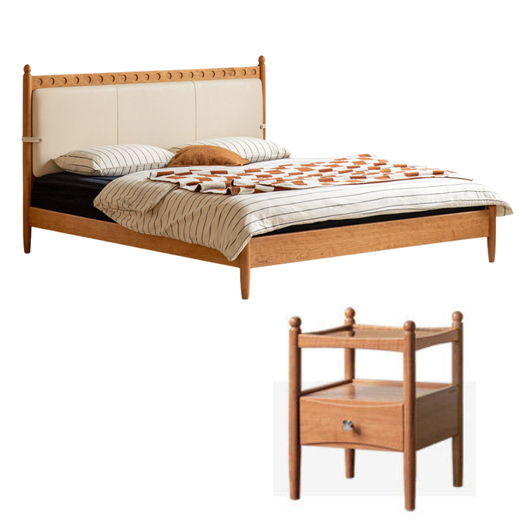 Cherry Solid Wood Double Bed with Vintage Style and Leather Upholstered Headboard