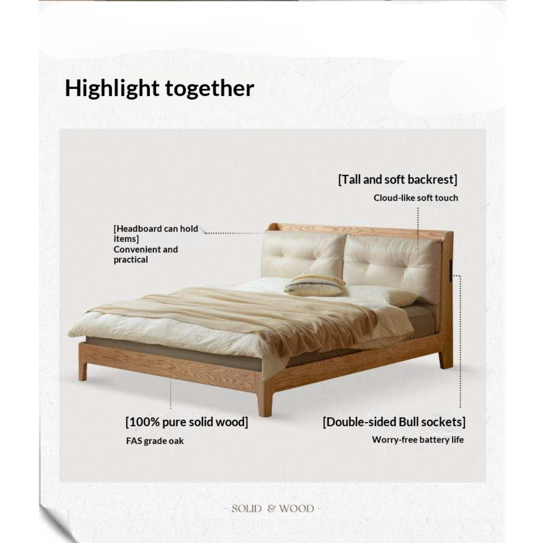 Oak Solid Wood Modern Leather Bed