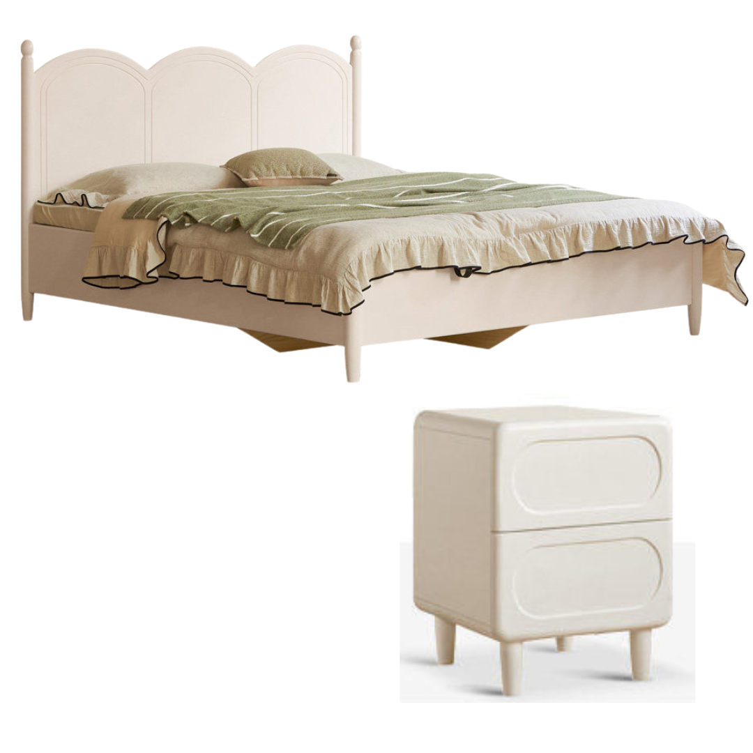 Rubberwood Solid Wood Bed with White Cream Style Large Box Frame