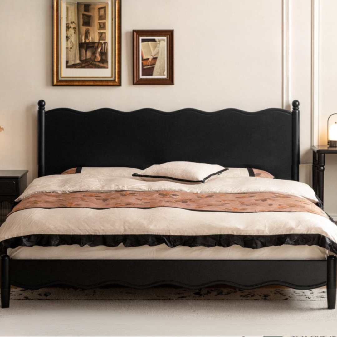 Rubberwood Solid Wood French Style Bed with Black Carved Headboard and Elegant Curved Frame