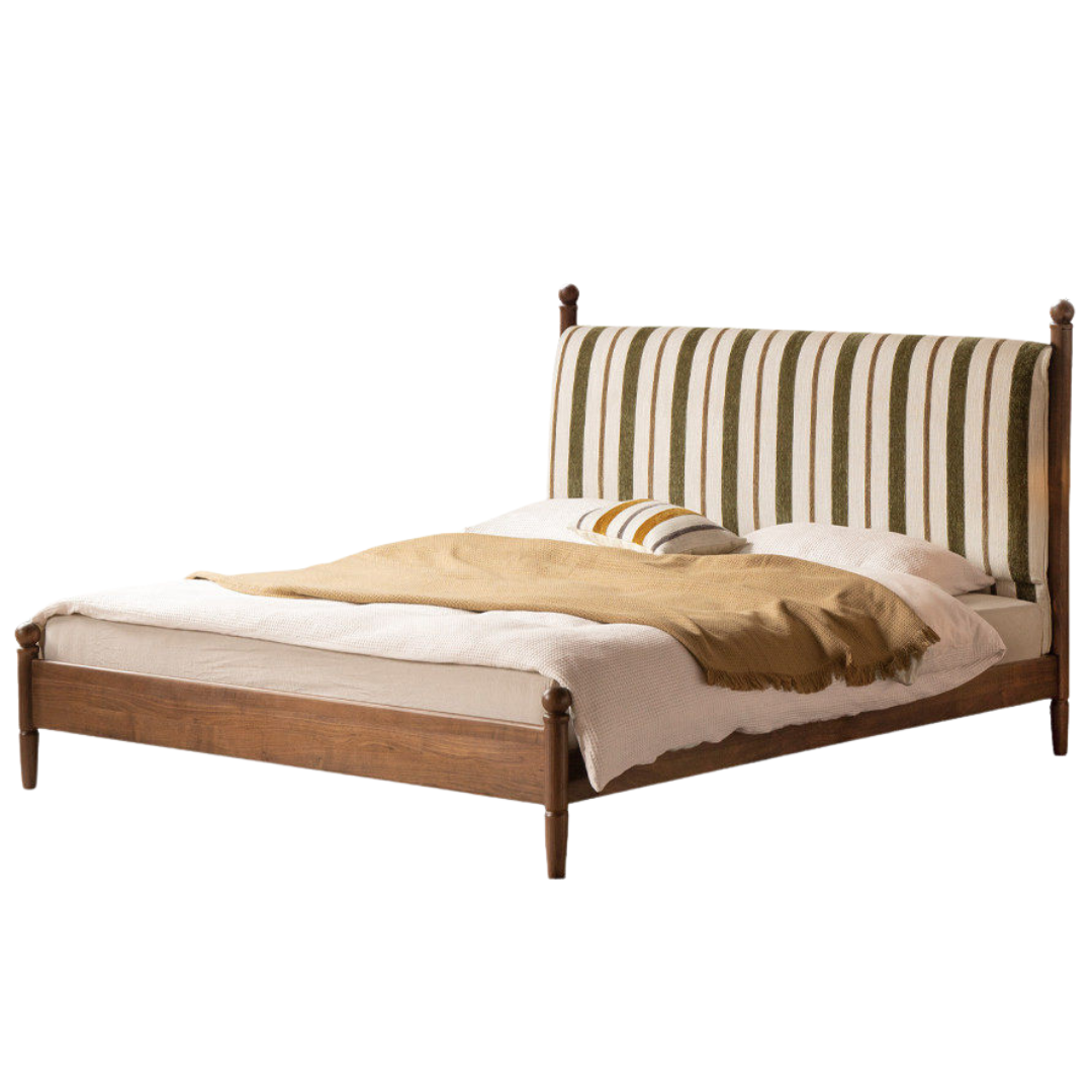 Black Walnut Solid Wood Striped Upholstered Panel Bed