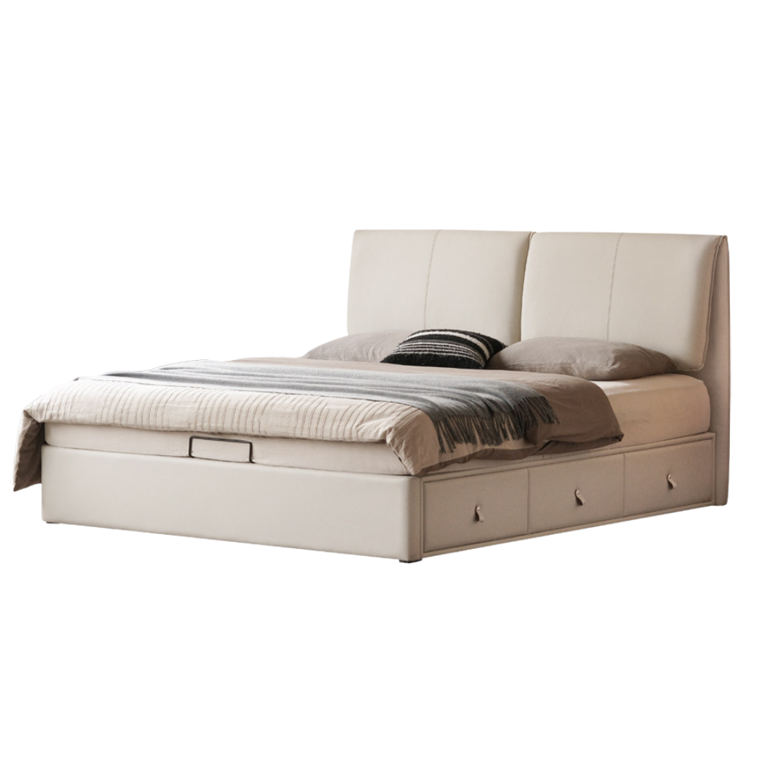 Genuine Leather Upholstered Lift-Up Storage Bed