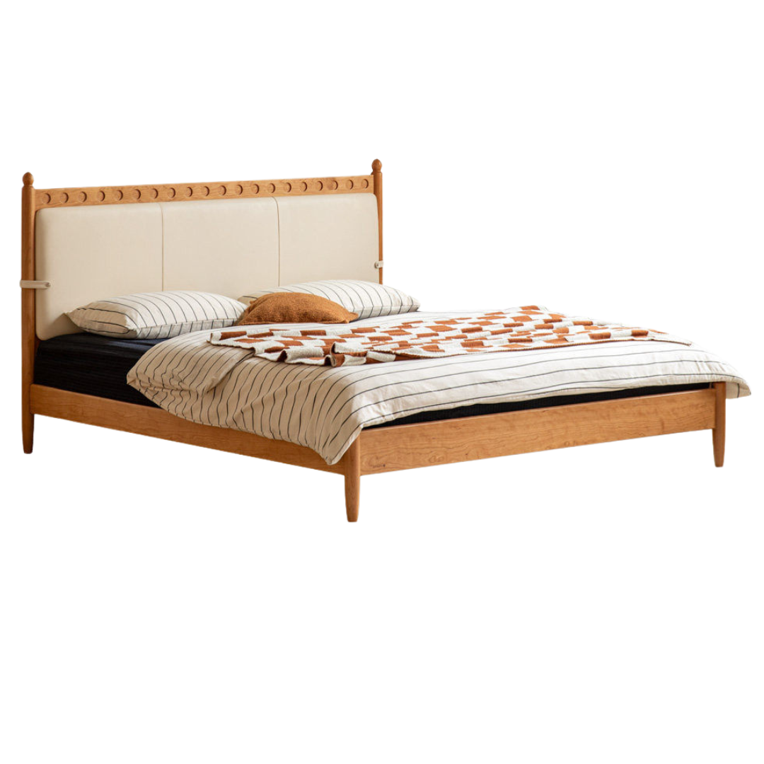 Cherry Solid Wood Double Bed with Vintage Style and Leather Upholstered Headboard