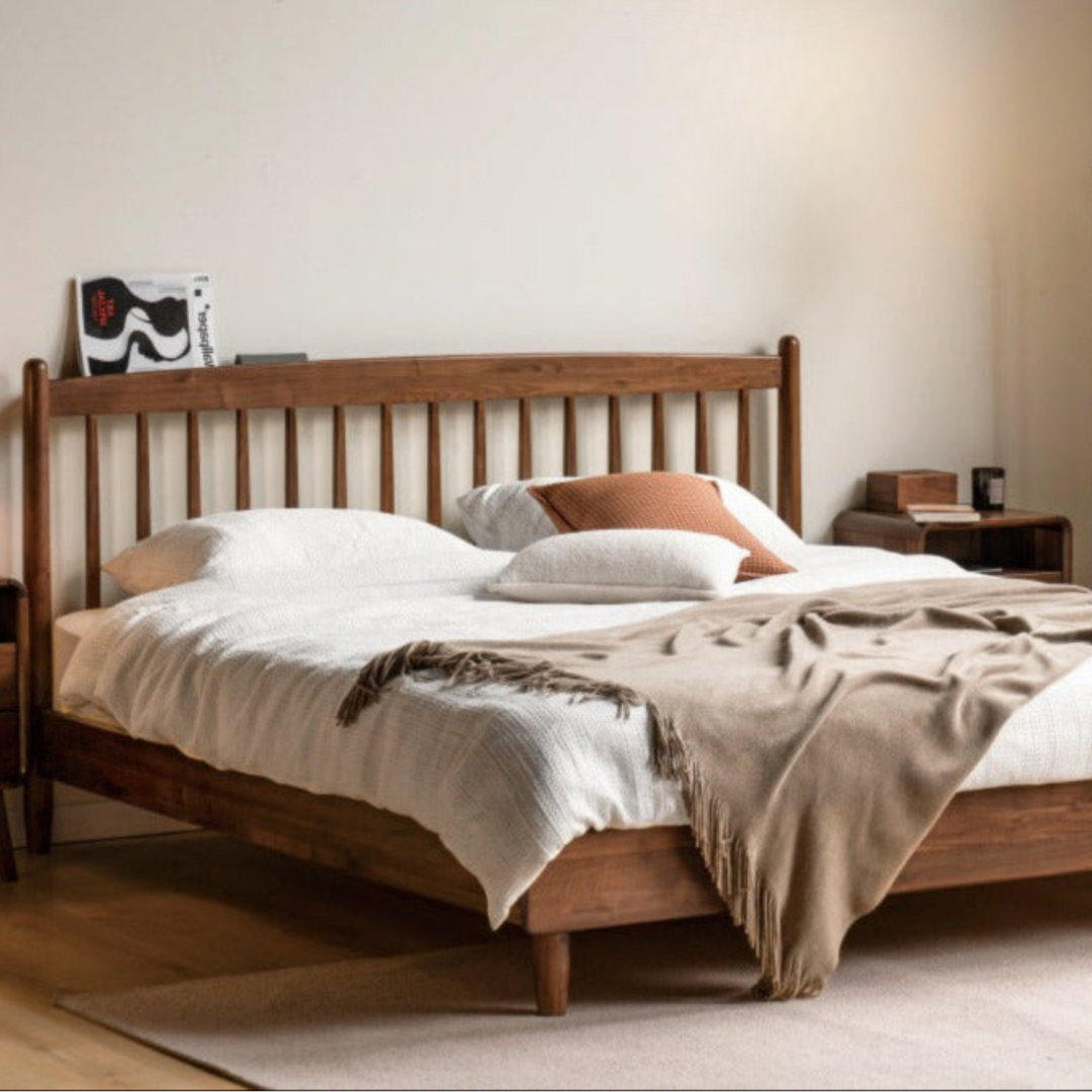Black Walnut, Poplar Solid Wood Bed in Modern Casual Scandinavian Style