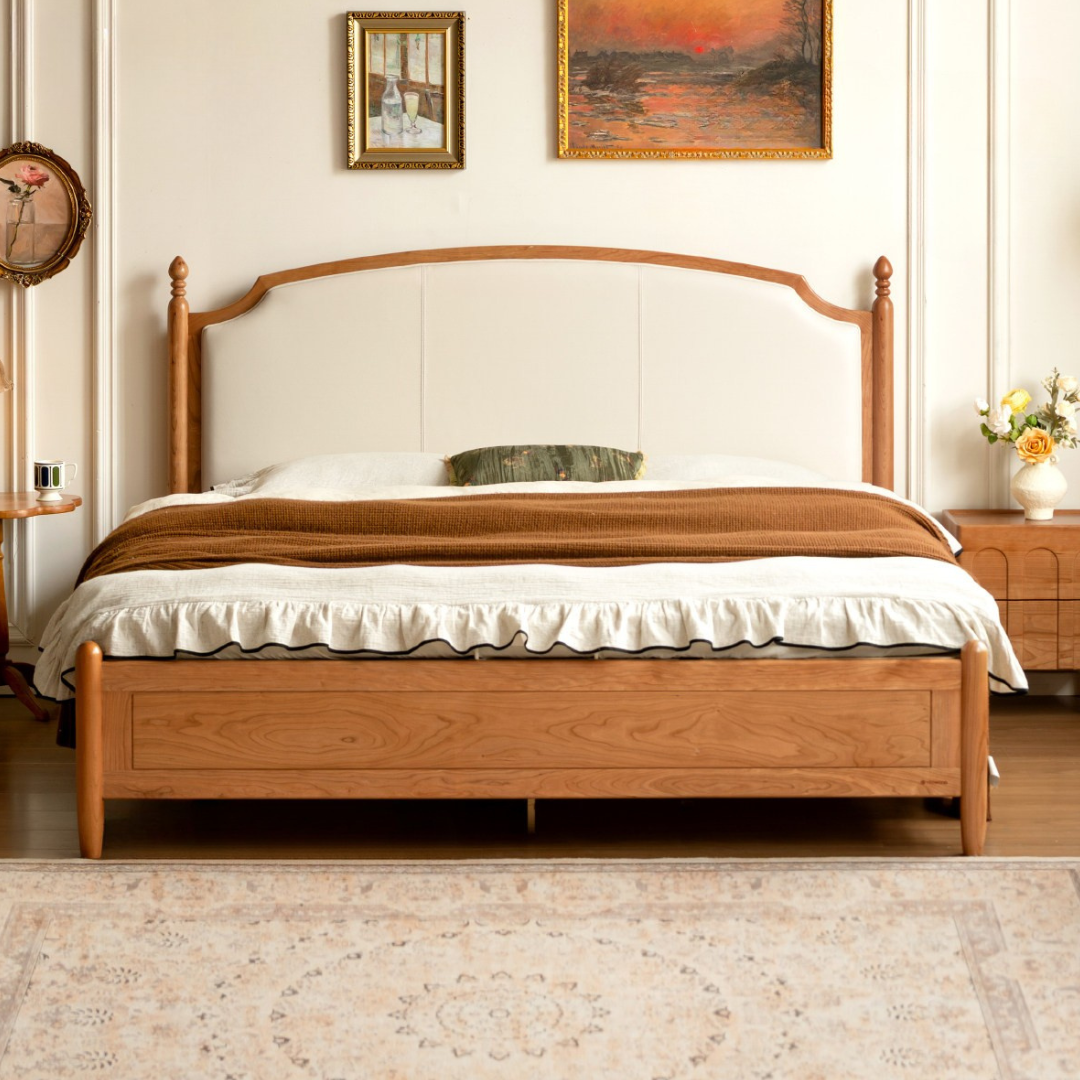 Cherry Solid Wood Box Bed with French Country Arched Upholstered Headboard and Spindle Posts