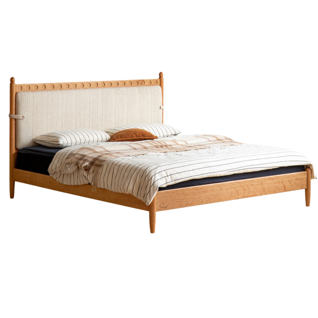 Cherry Solid Wood Double Bed with Vintage Style and Leather Upholstered Headboard